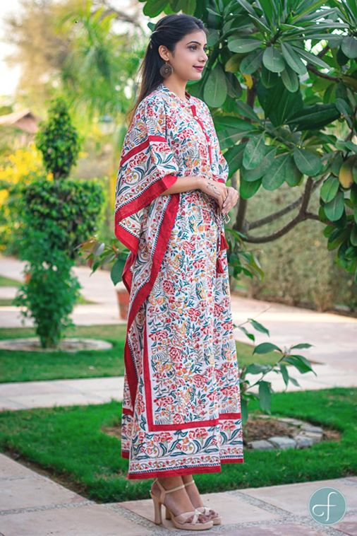 Multicolor Floral Block Printed Cotton Kaftan Dress