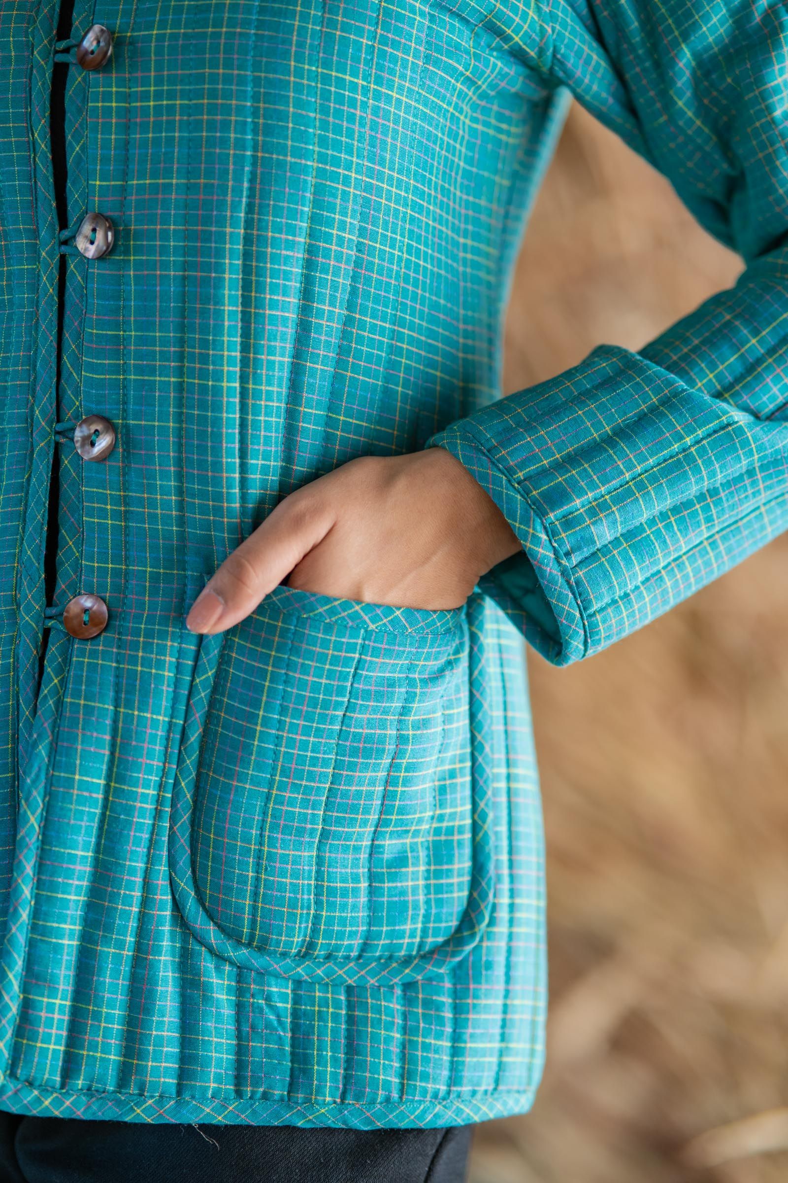 Blue Green Reversible Quilted Women Jacket