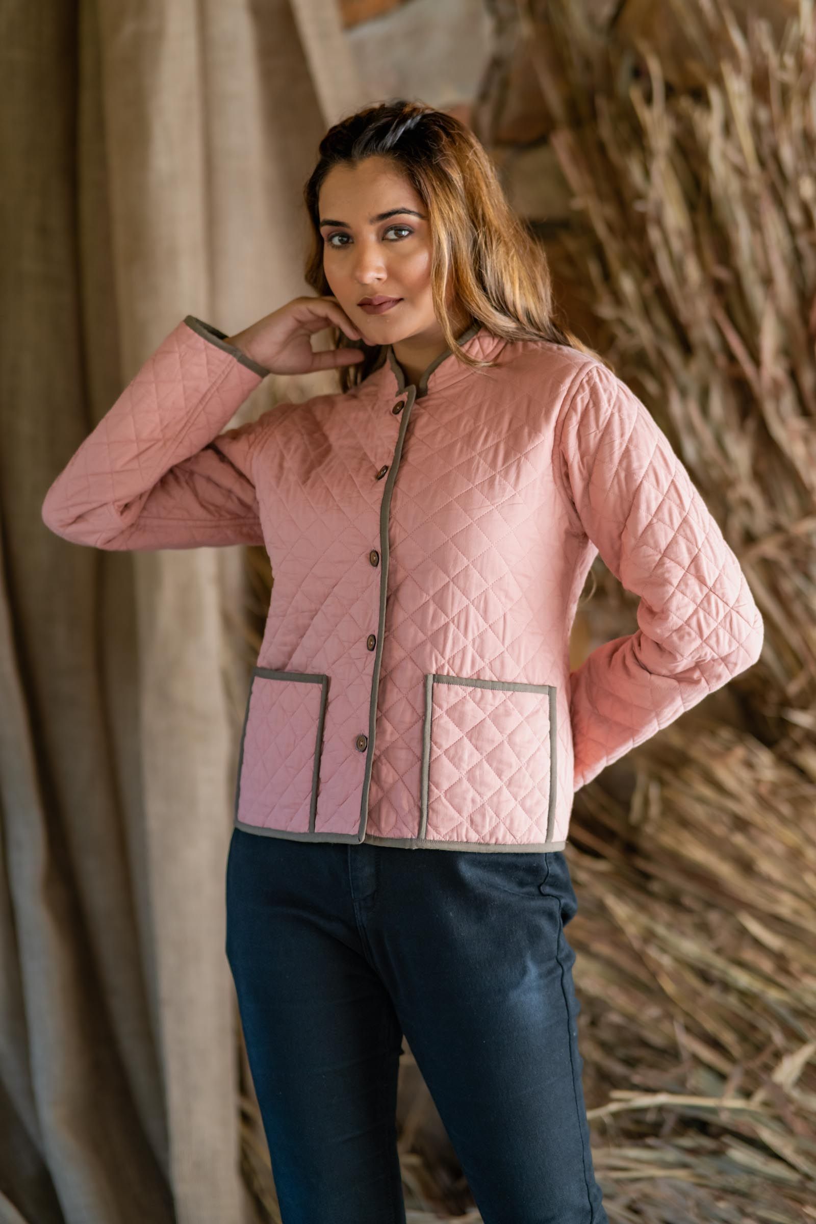 Pink Brown Reversible Quilted Women Jacket