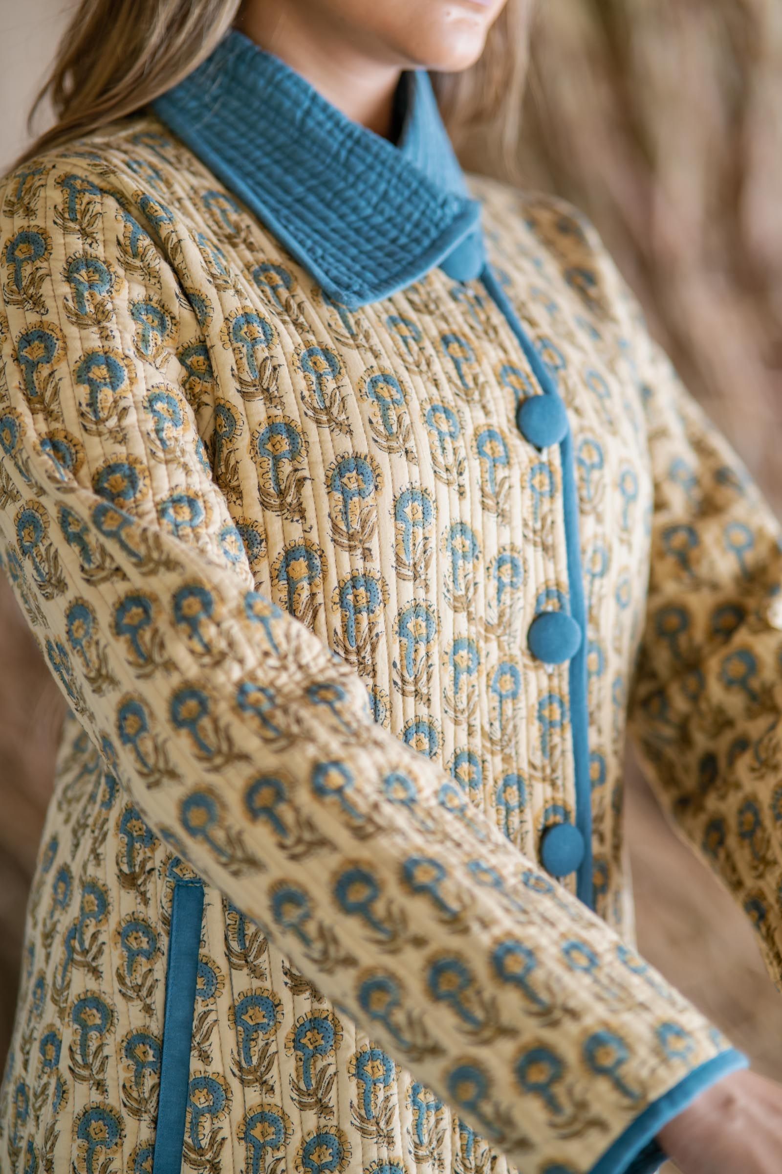 Blue Beige Block Printed Quilted Bukhara Jacket