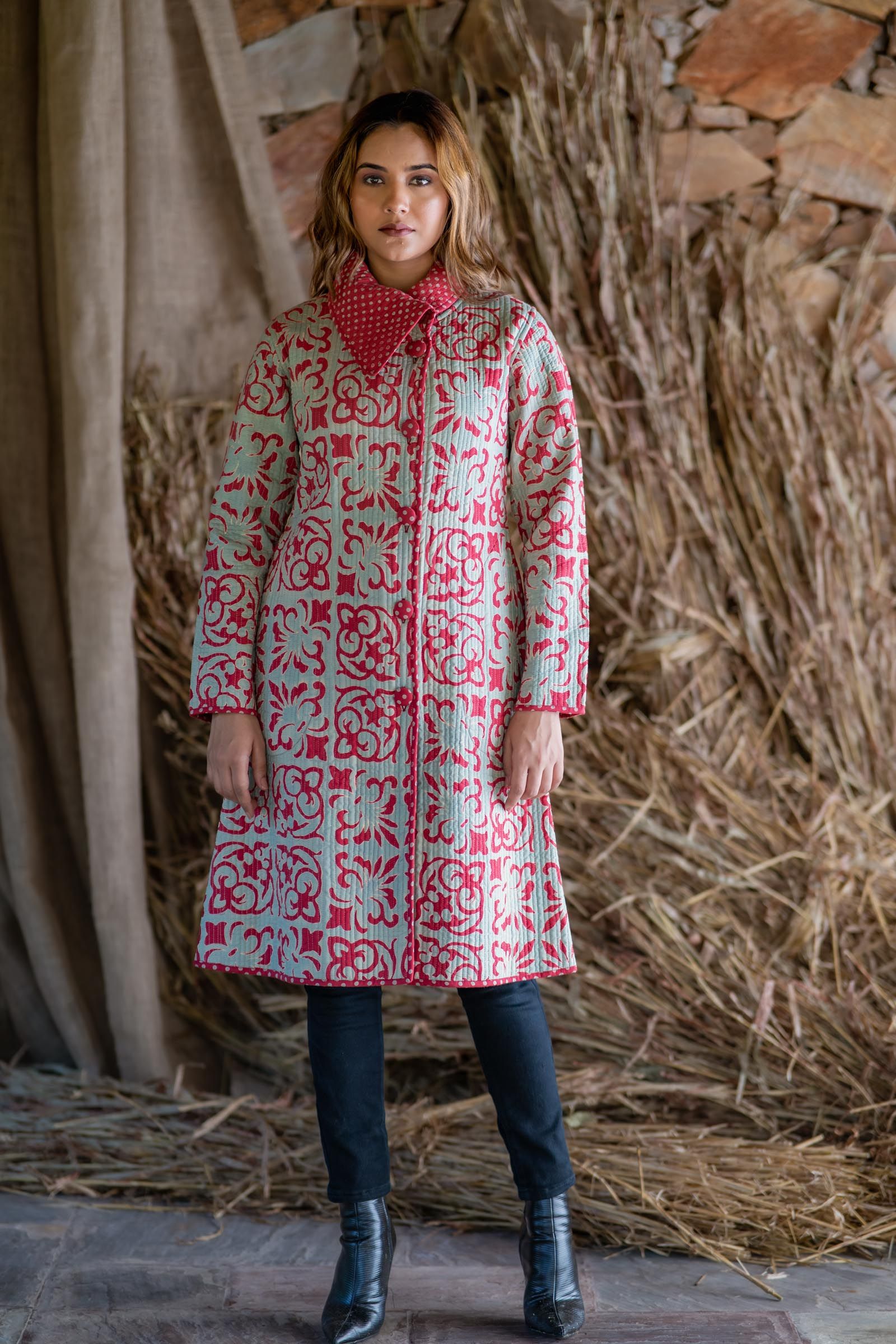 Green Red Block Printed Quilted Bukhara Jacket