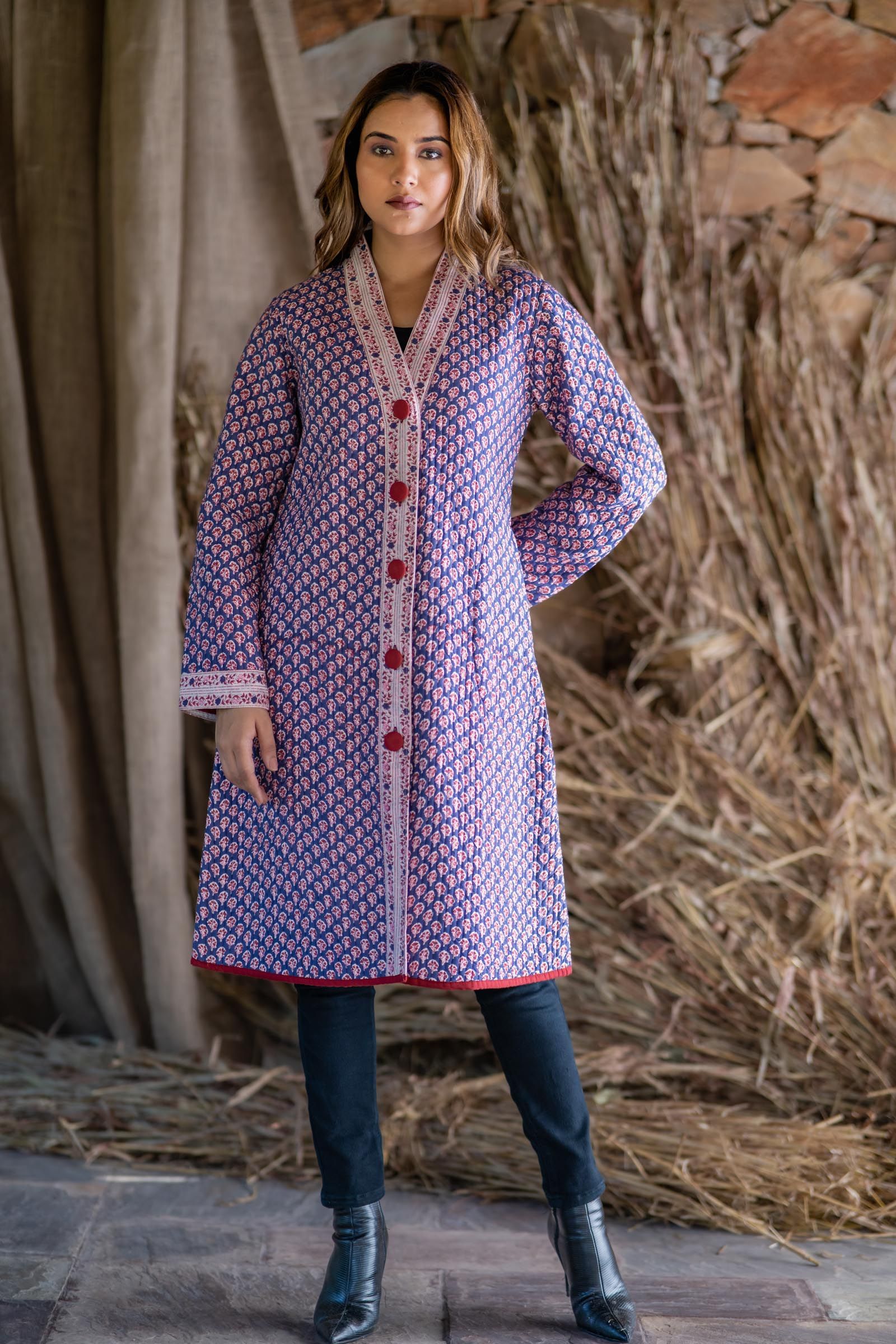 Blue Block Printed Bordered Quilted Coat