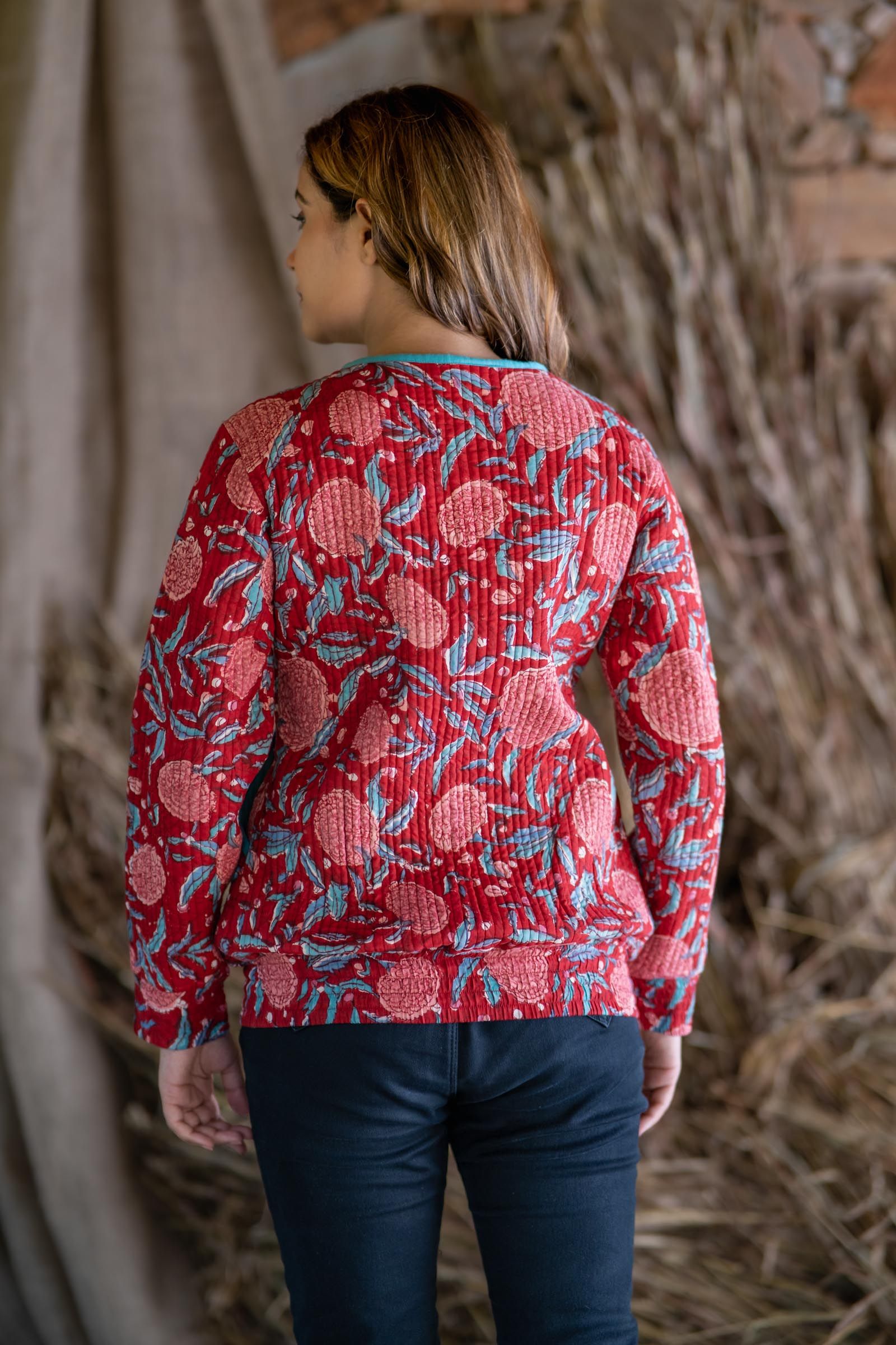 Red Block Printed Quilted Bomber Jacket