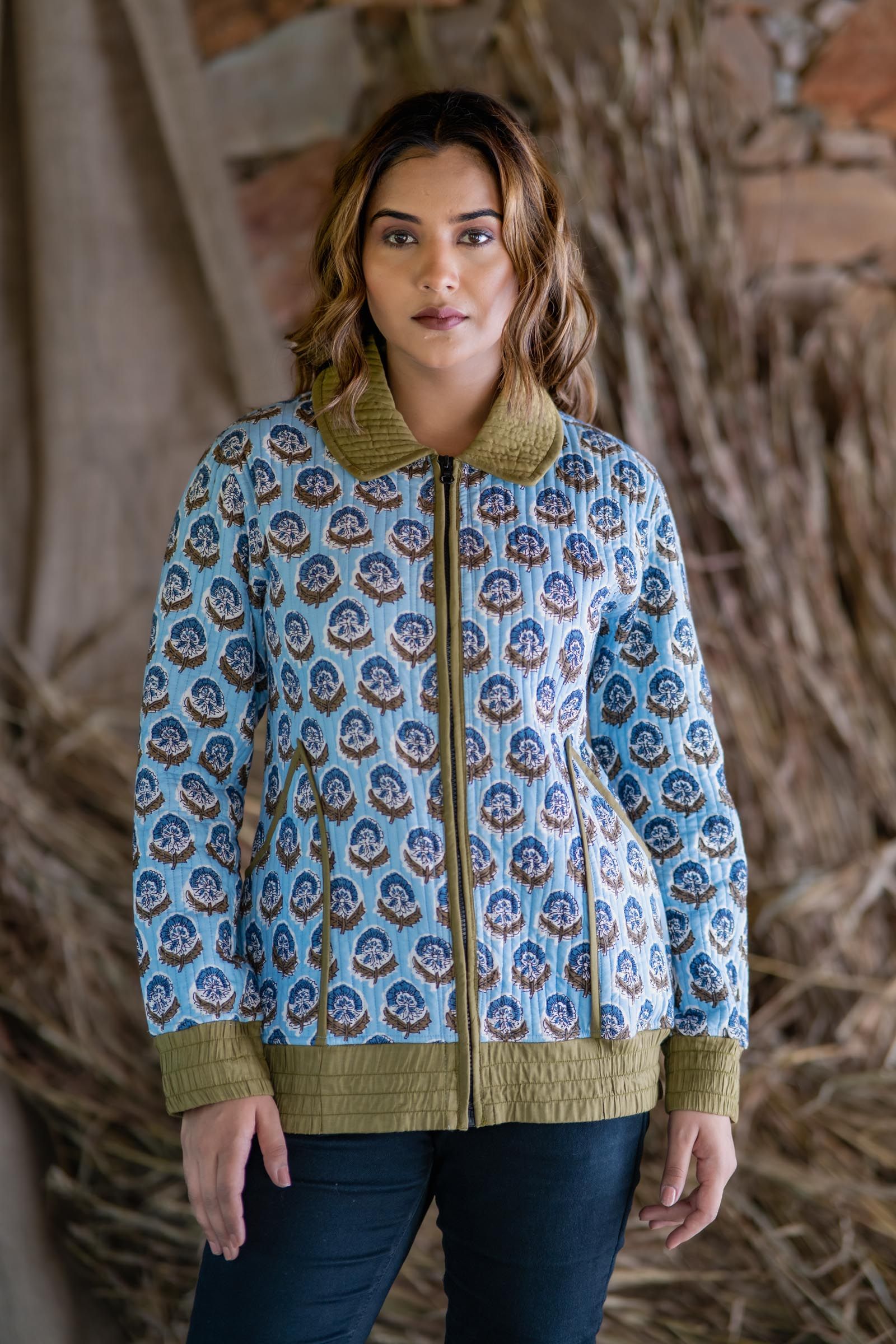 Blue Block Printed Quilted Bomber Jacket