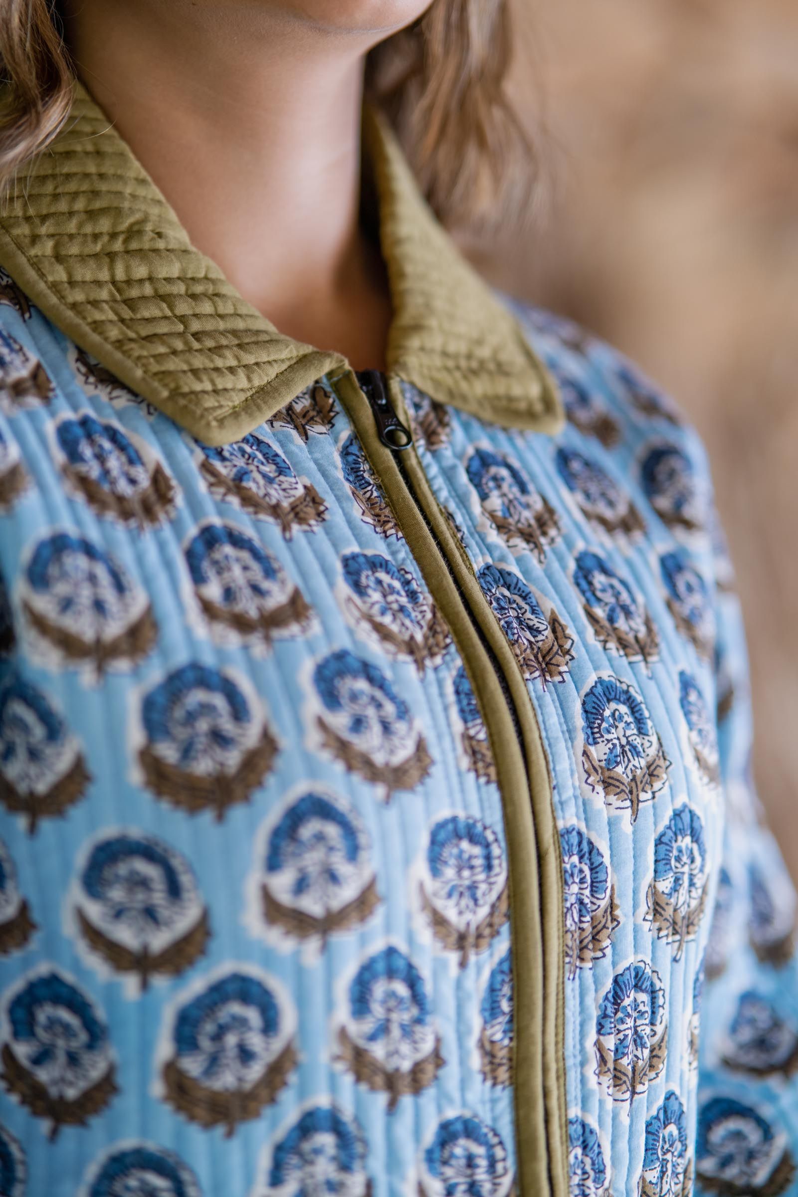 Blue Block Printed Quilted Bomber Jacket