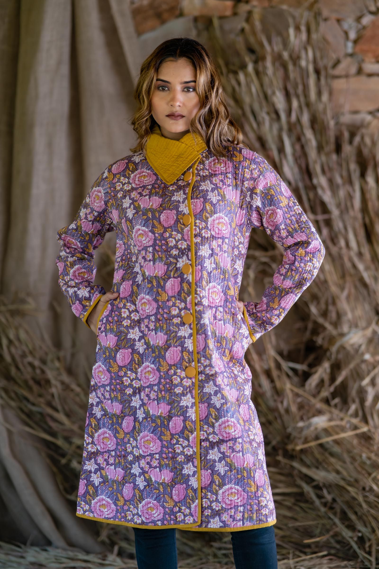 Violet Block Printed Quilted  Bukhara Jacket