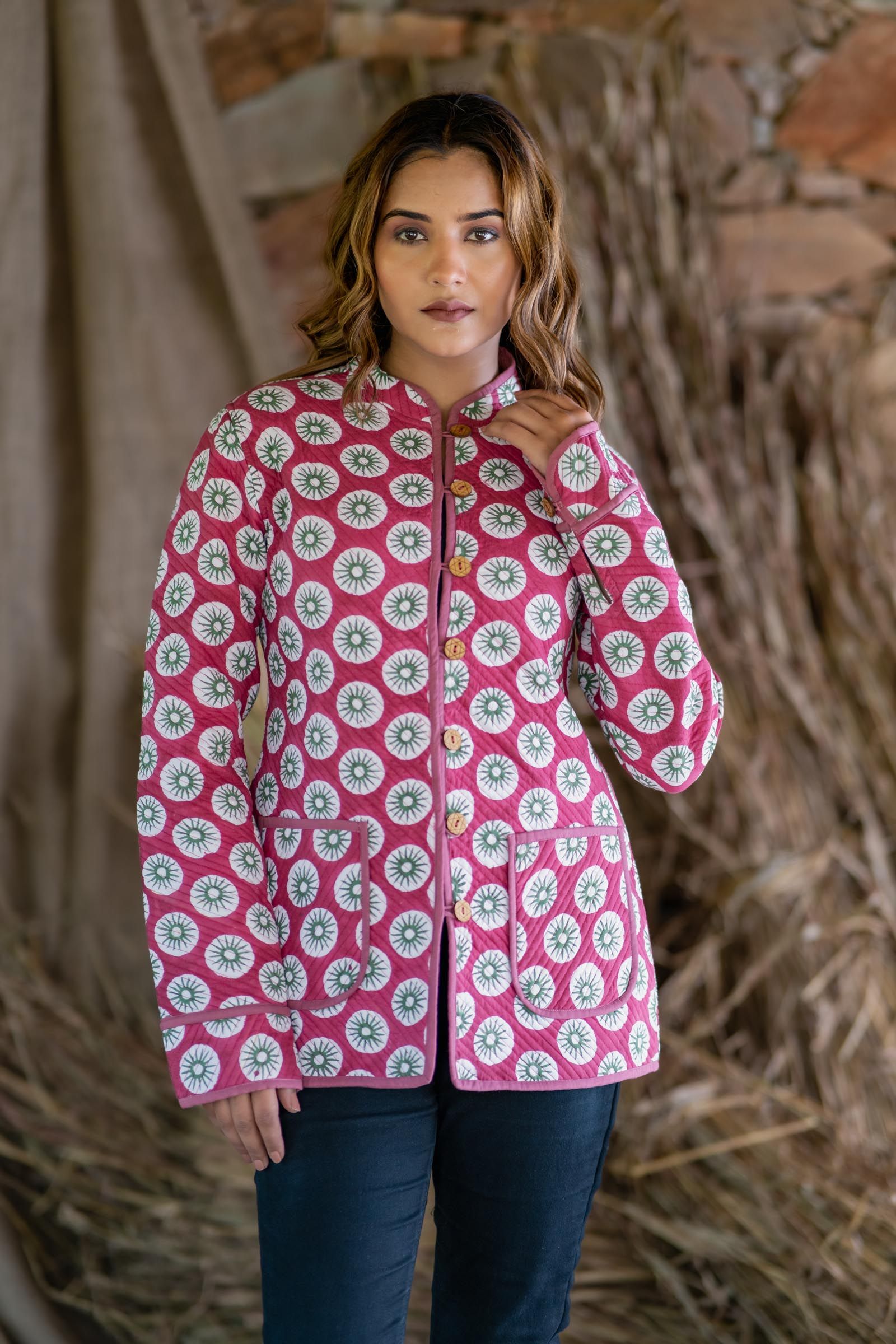 Pink Floral Reversible Quilted Reversible Jacket