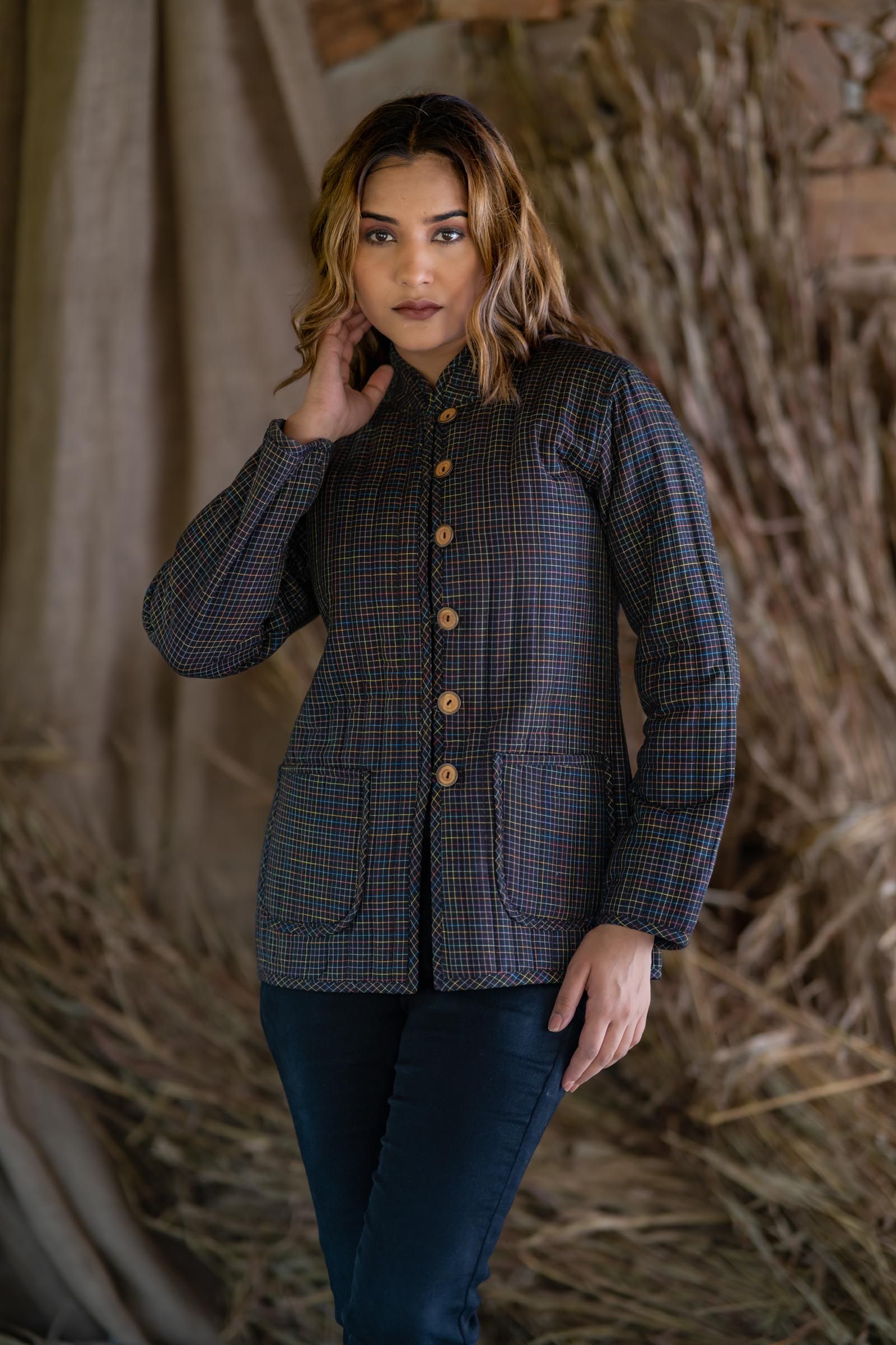 Black Checks Cotton Reversible Quilted Jacket