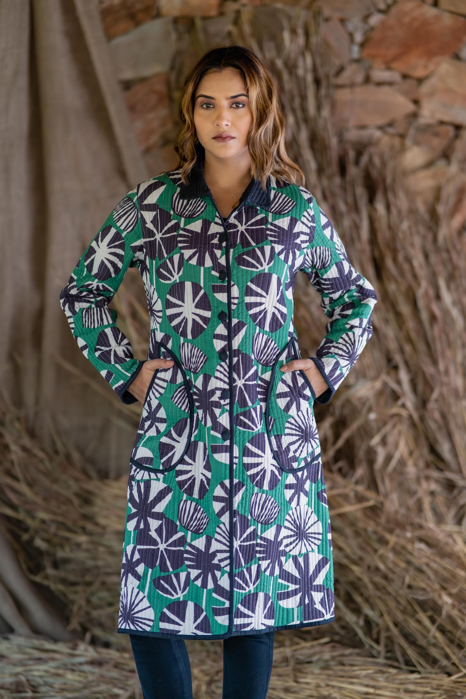 Black Green Printed Quilted Coat