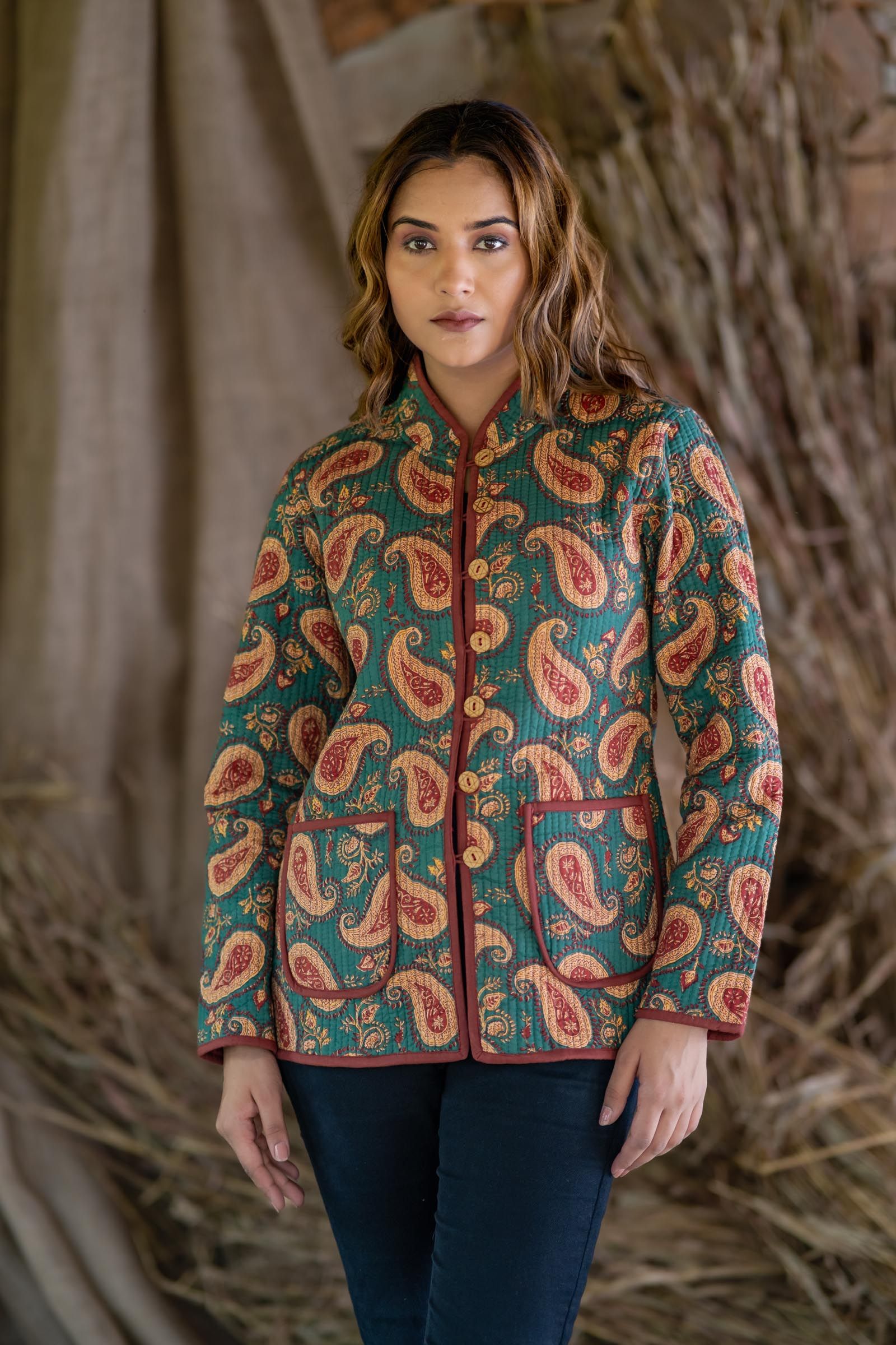 Green Paisley Cotton Reversible Quilted Jacket
