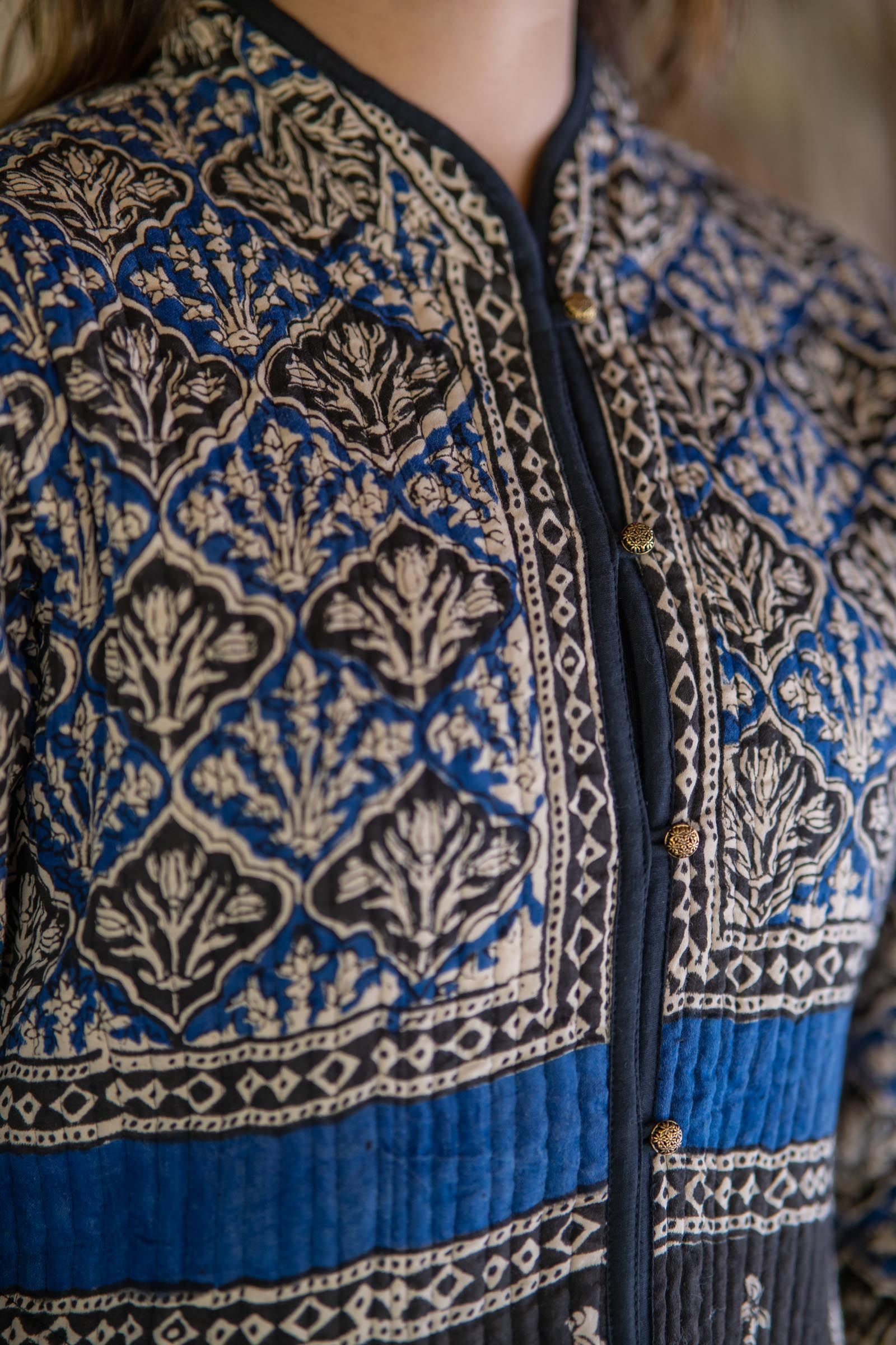 Blue Bagru Cotton Reversible Quilted Jacket