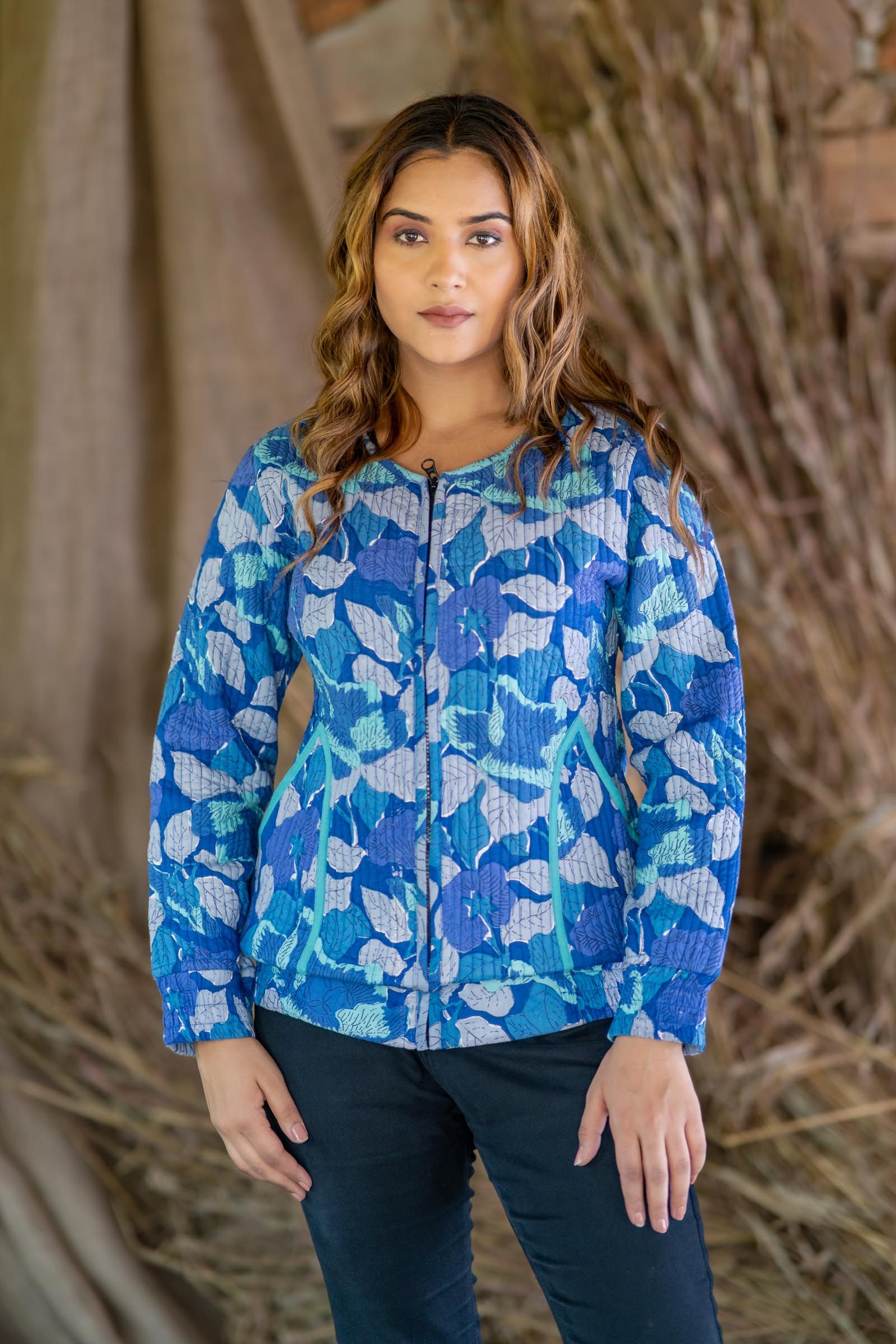 Floral Block Printed Quilted Bomber Jacket