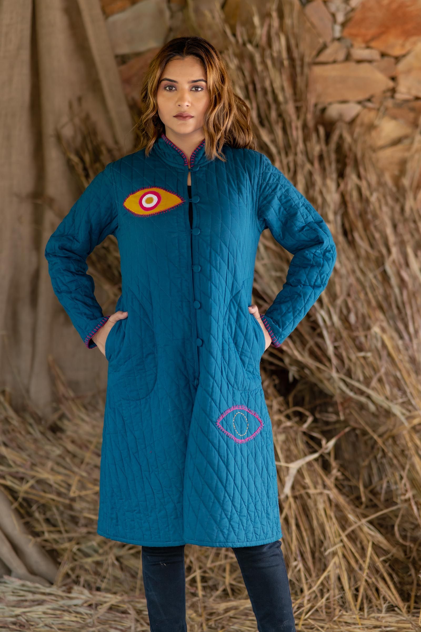 Teal Patch Work Quilted Coat