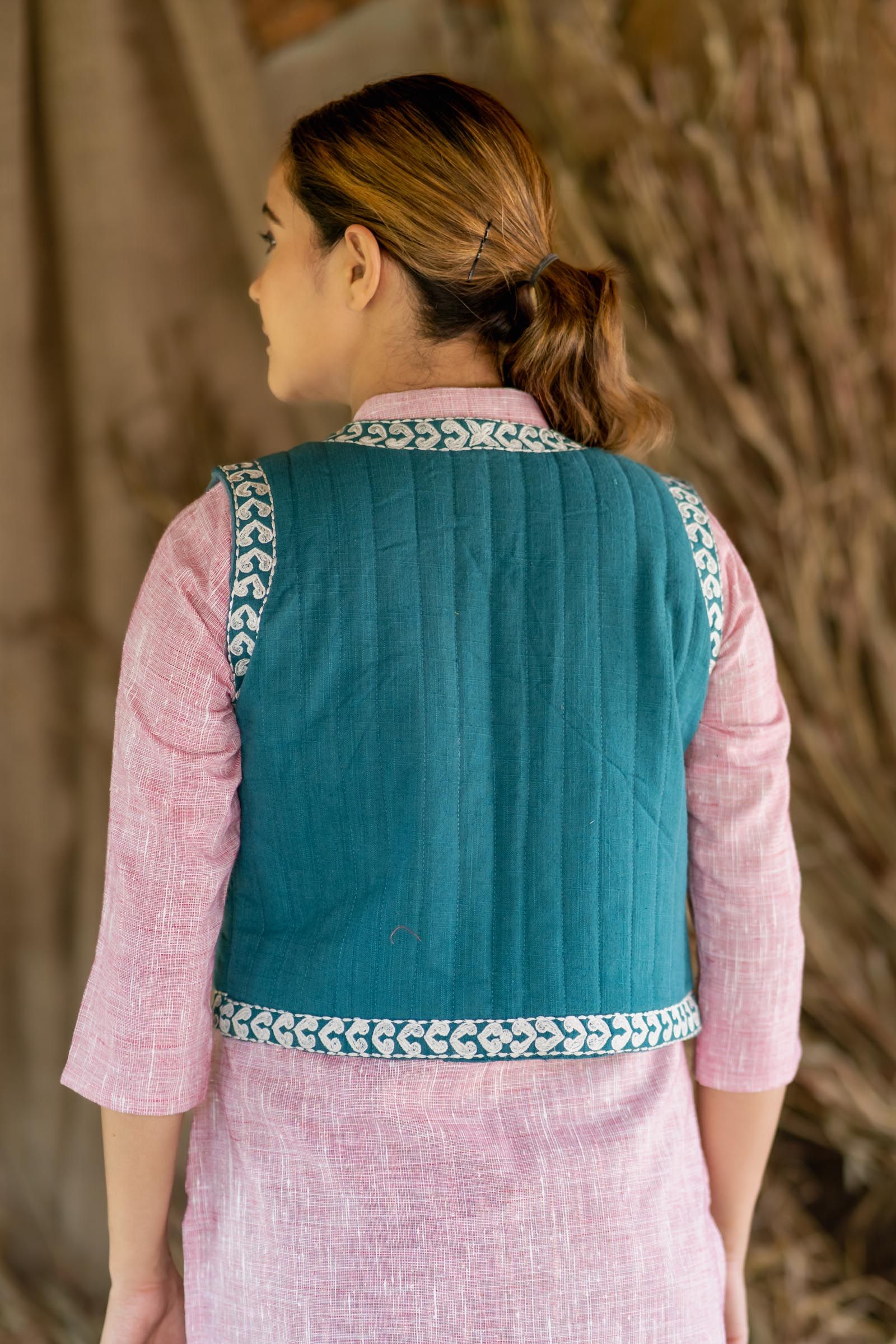Teal Green Embroidered Sleeveless Jacket