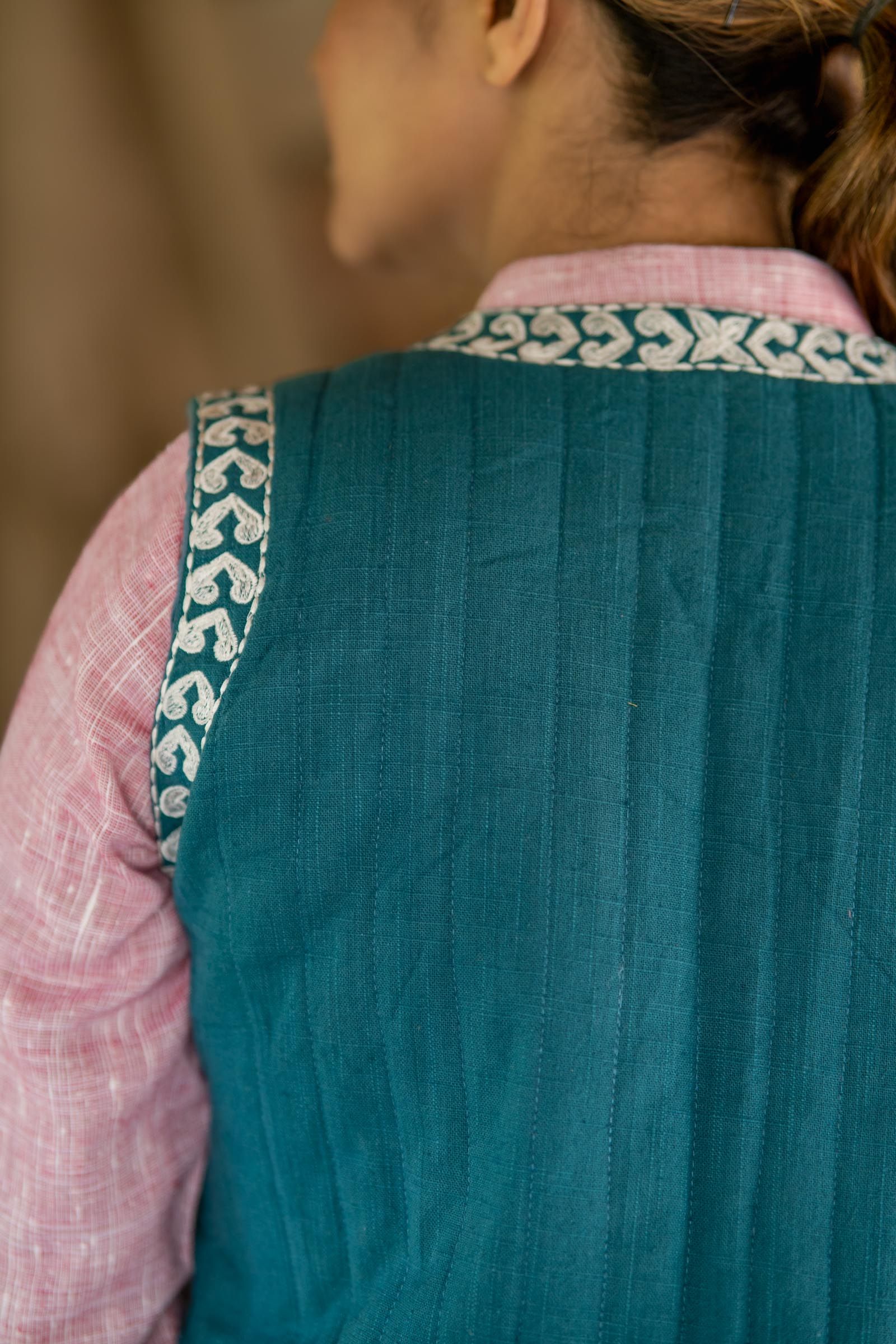Teal Green Embroidered Sleeveless Jacket