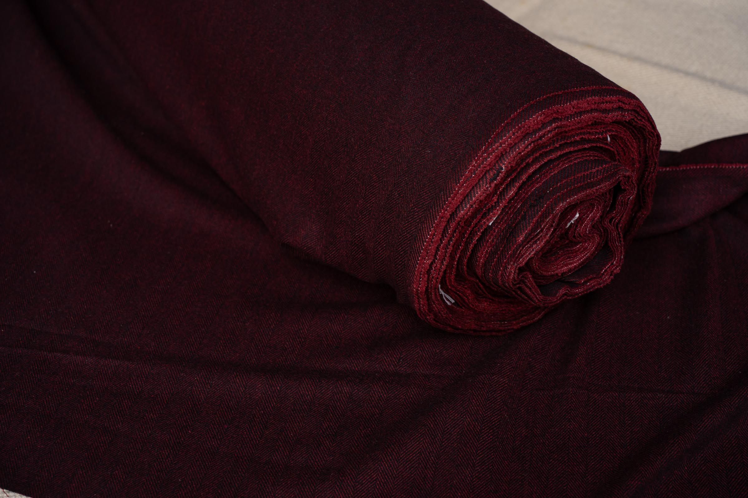Wine Red Herring Bone Tweed Wool Fabric