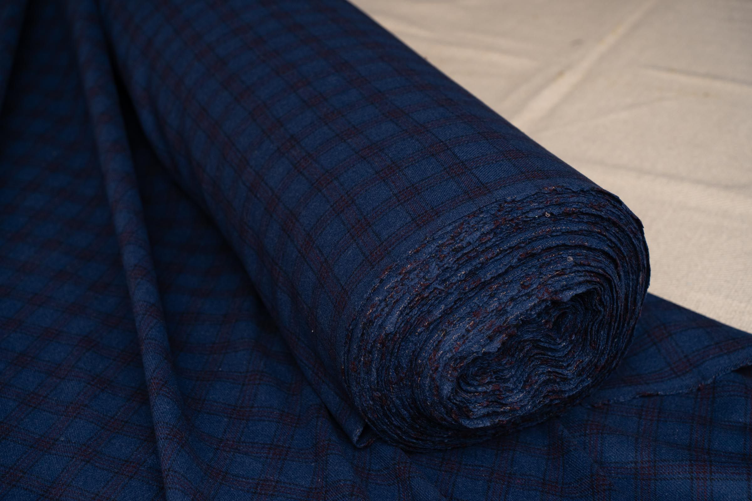 Navy Blue Checks Tweed Wool Fabric