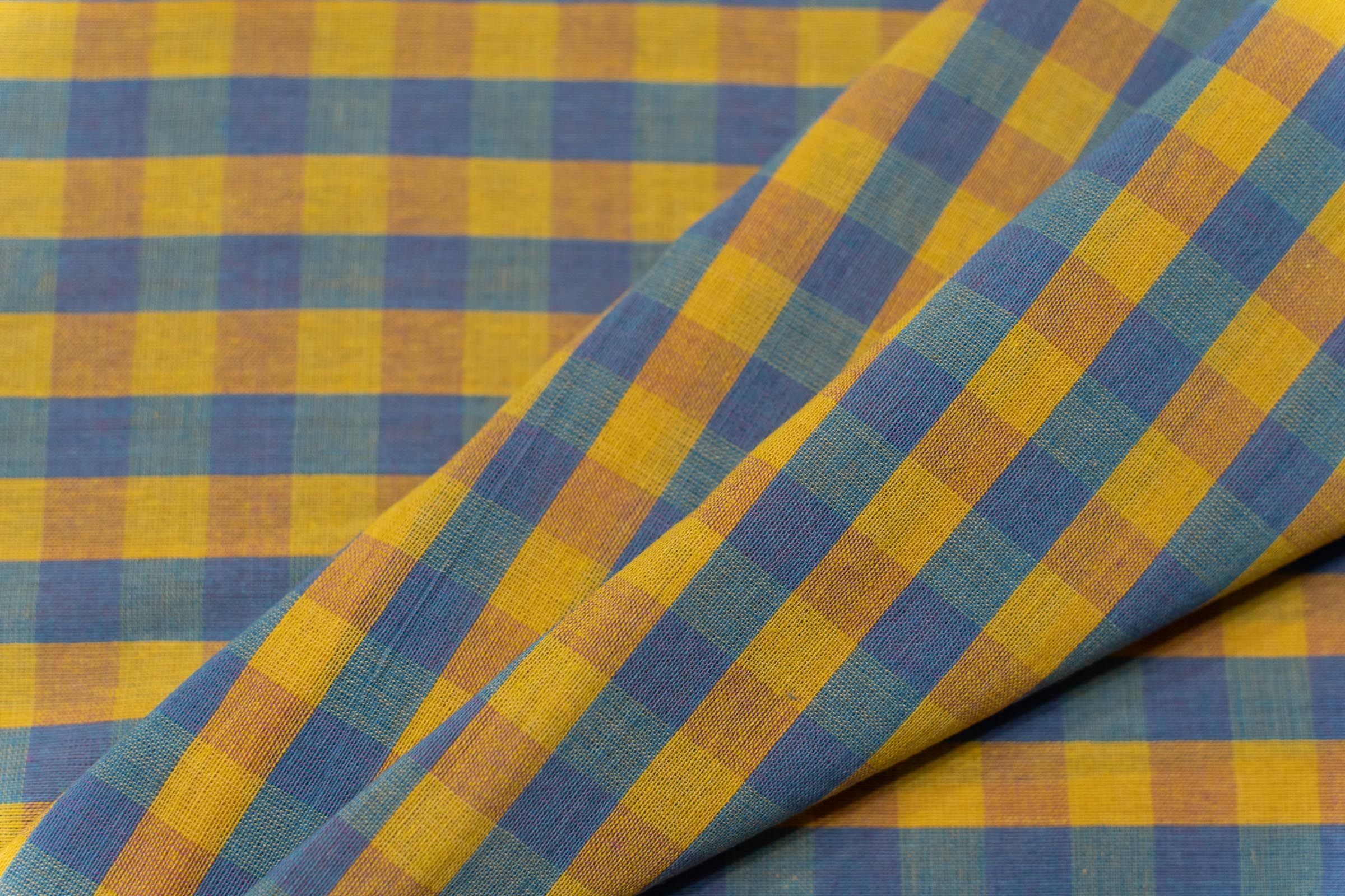 Yellow Blue Checks Handloom Khari Cotton Fabric