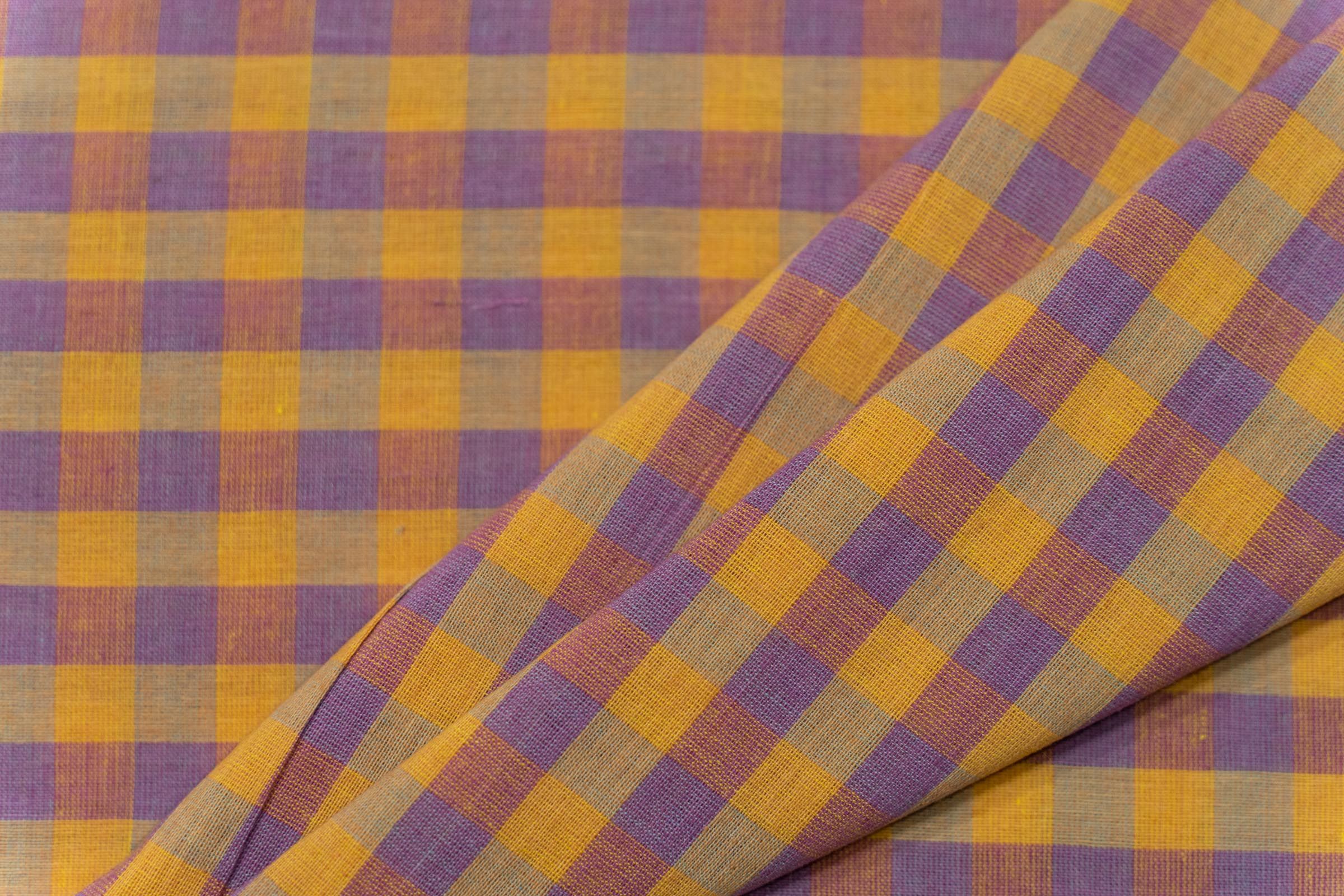 Yellow Purple Checks Handloom Khari Cotton Fabric