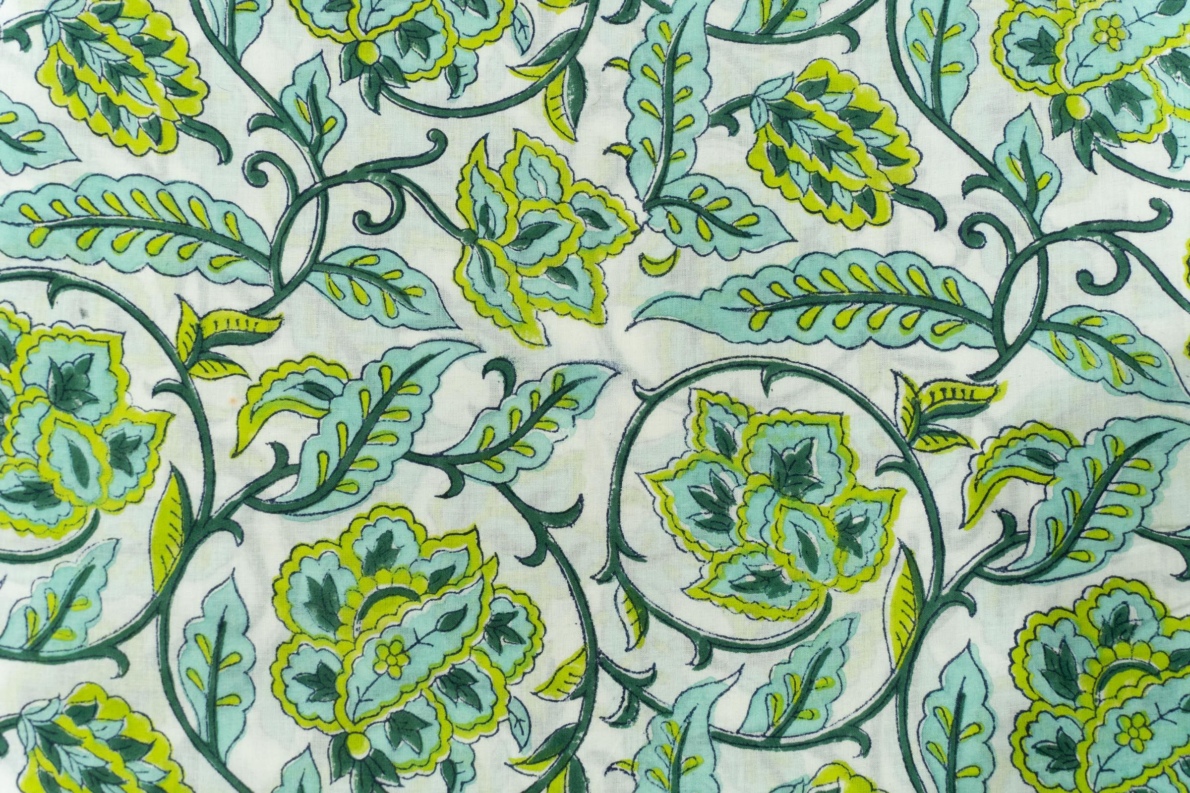 Green Floral Block Printed Fabric
