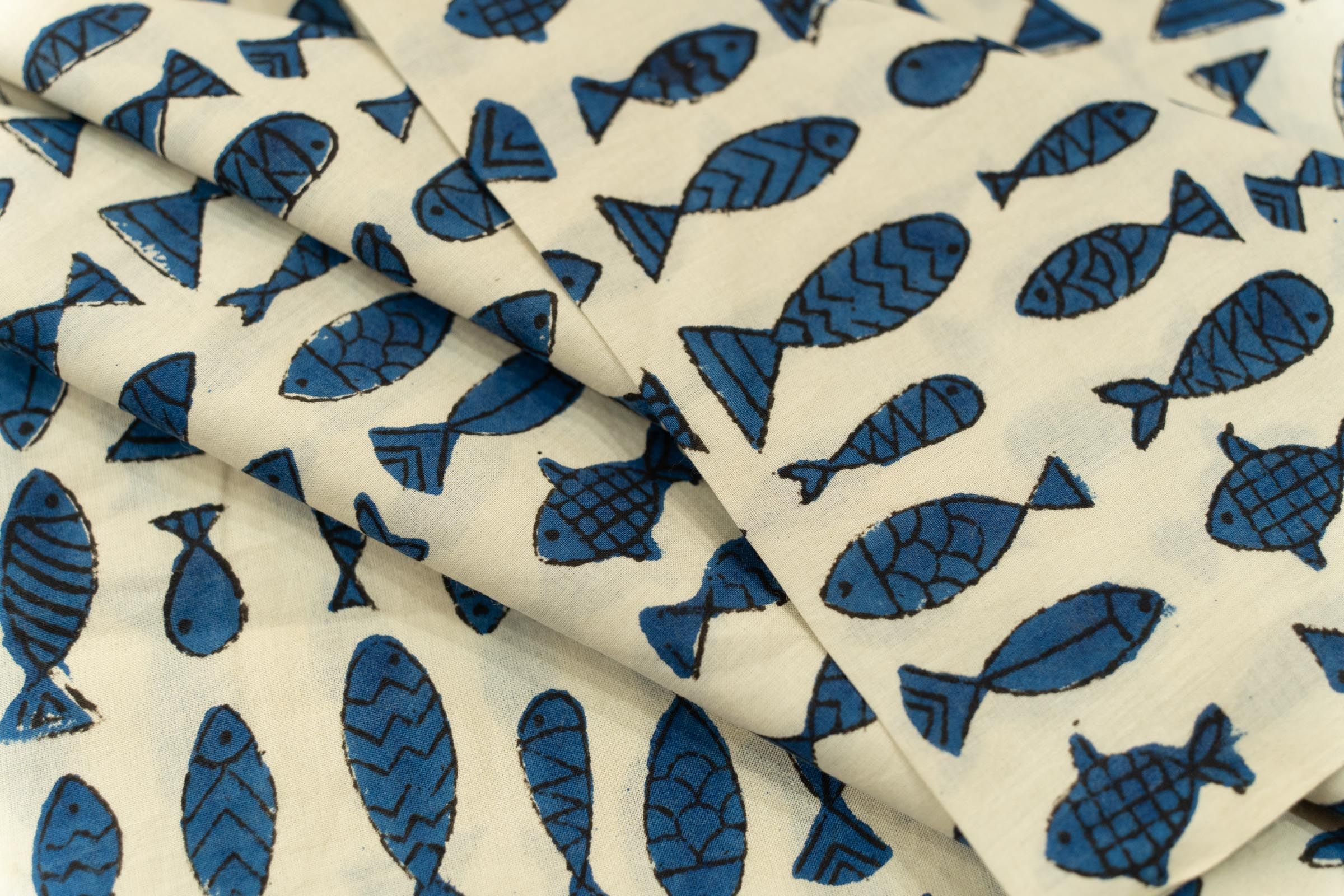 Blue Fish Block Printed Fabric