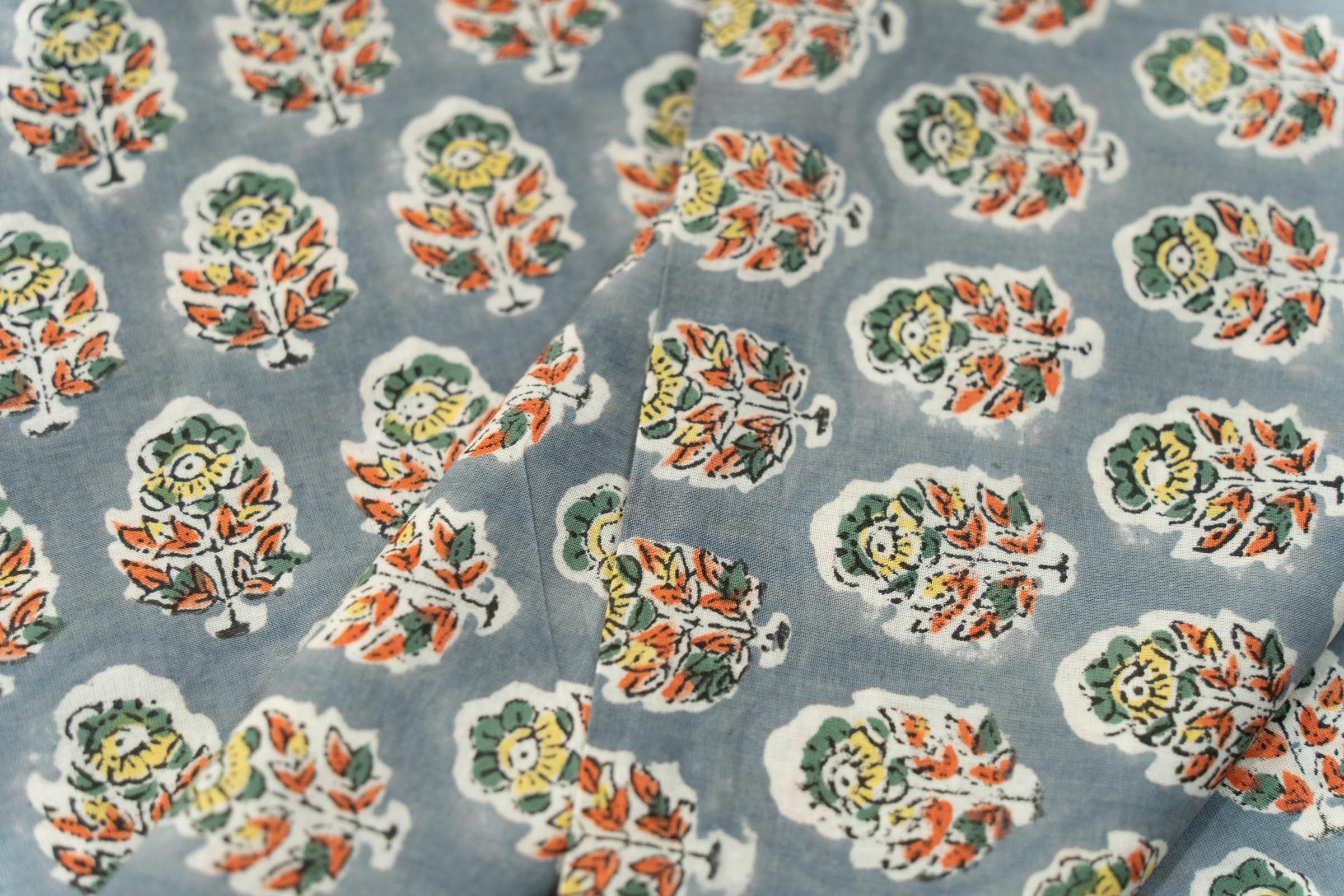 Grey Floral Hand Block Printed Fabric
