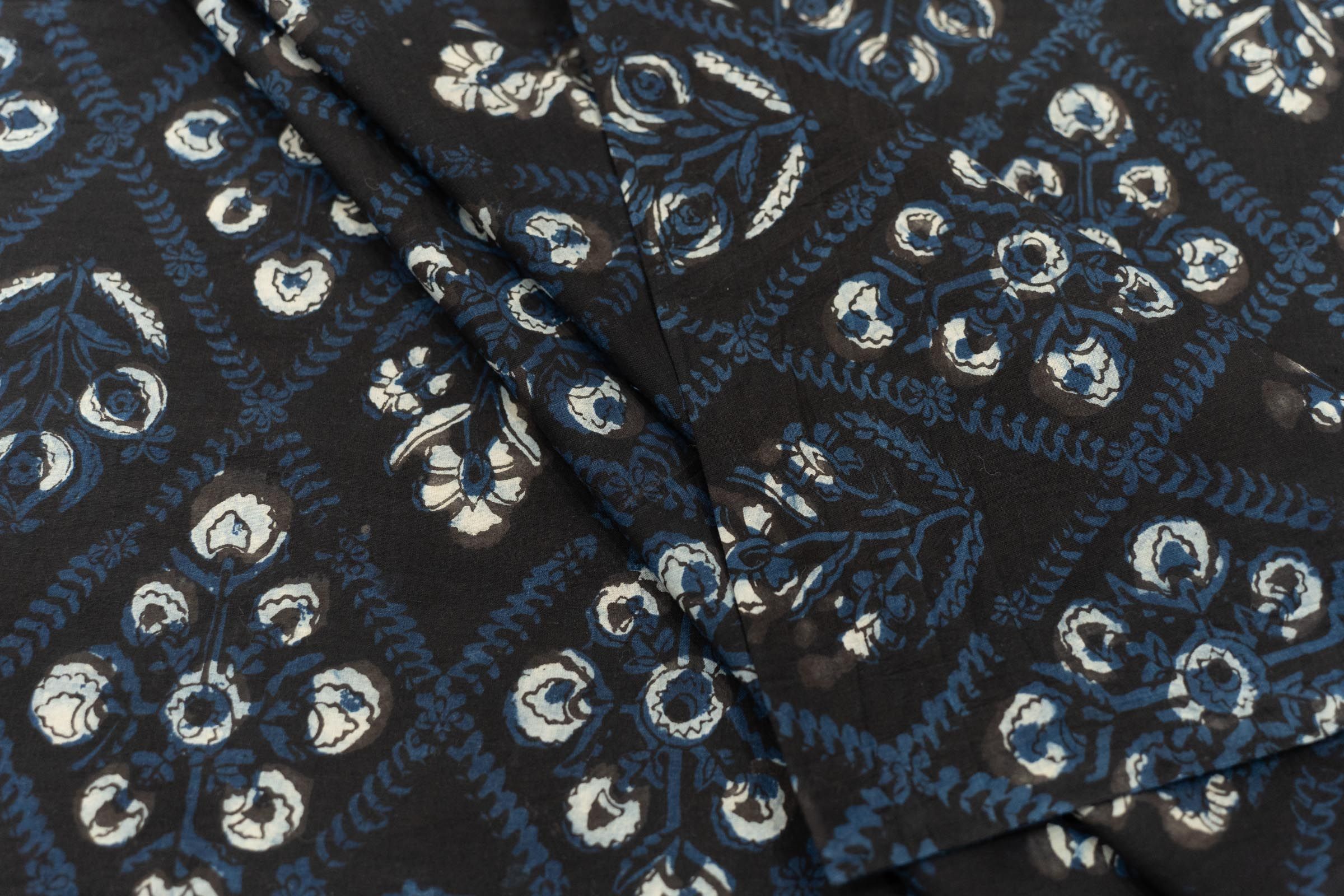 Black Blue Ajrakh Block Printed Cotton Fabric