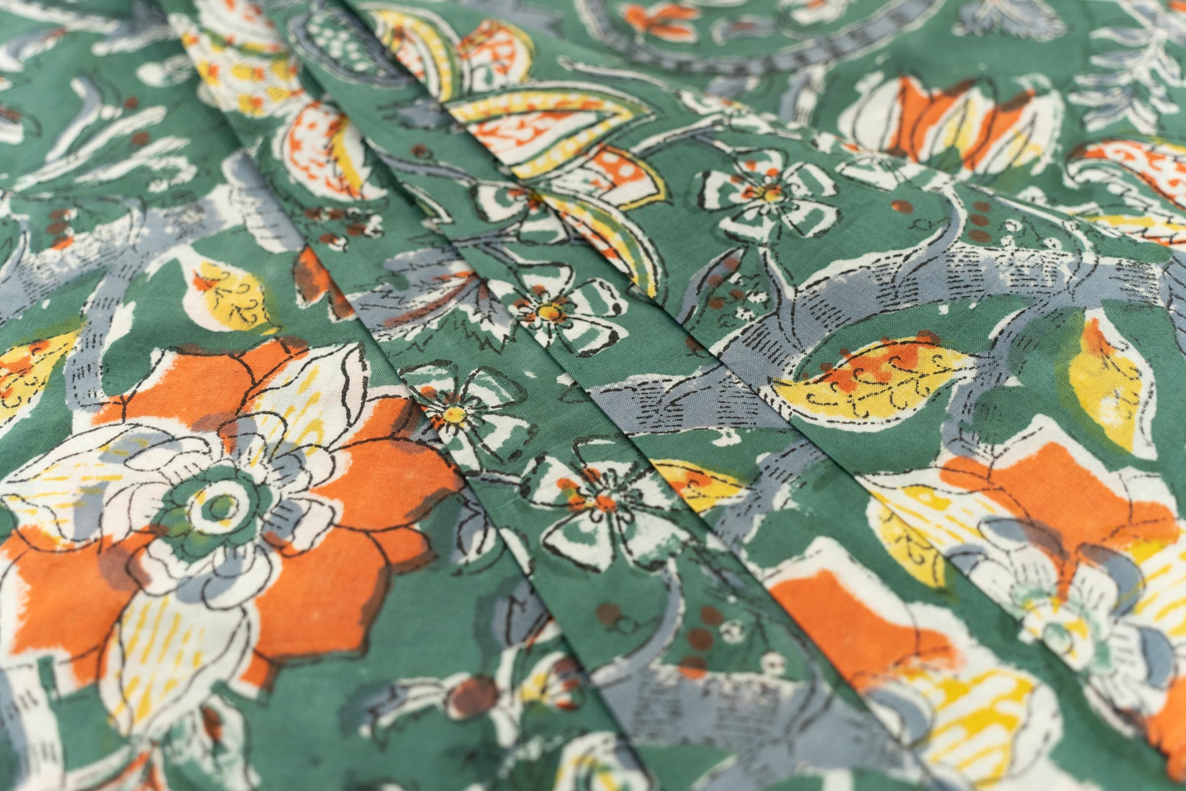 Green Floral Block Printed Cotton Fabric