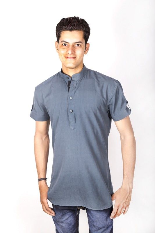 Grey Cotton Nehru Collar Shirt Men