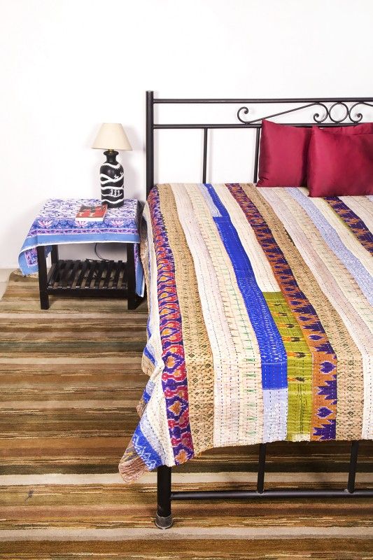 Indian Handmade Beige Color Bedding 100% Pure Cotton Bagru Printed Home & Living Blanket And Kantha Bedspread Home Decor Kantha Throw Quilt