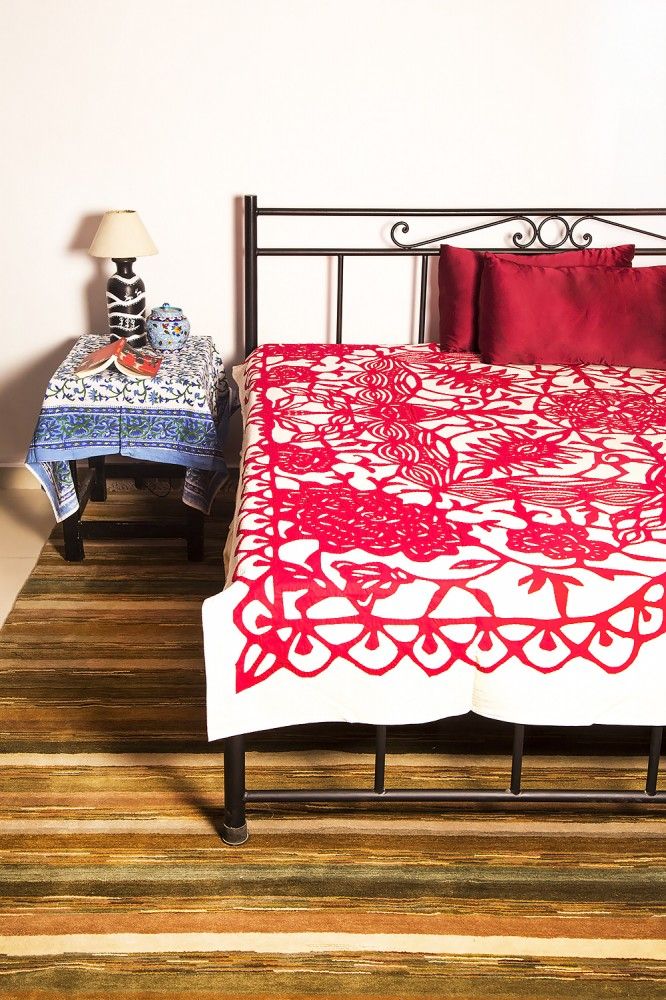 Red Floral Cutwork Cotton Bedspreads