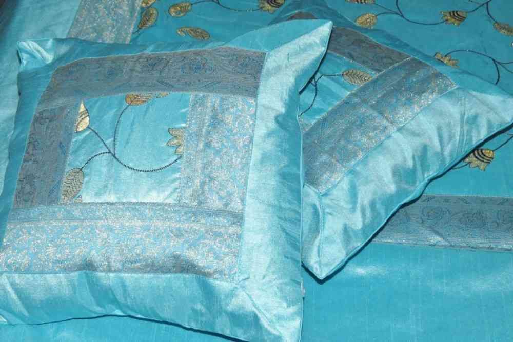 Beautiful Embroidered Aqua Blue 5 Piece Silk Bedcover Set