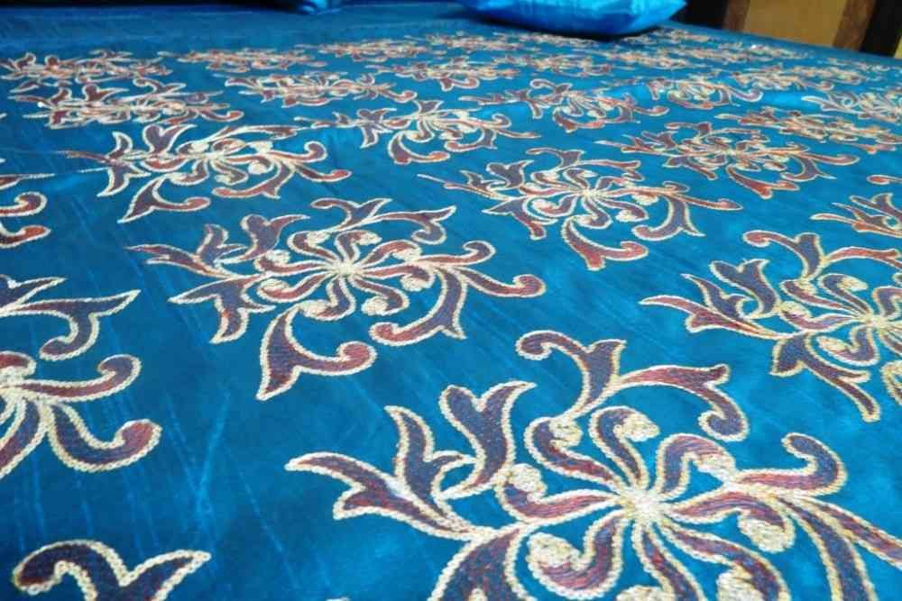 Beautiful Embroidered Blue 5 Piece Silk Bedcover Set