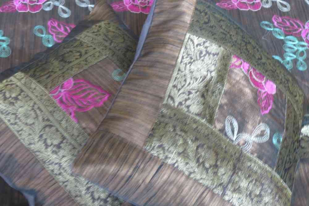 Beautiful Embroidered Brown 5 Piece Silk Bedspread Set