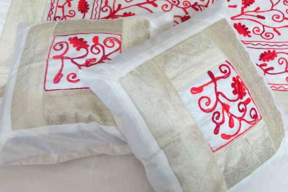 Beautiful Embroidered White & Red 5 Piece Silk Bedspread