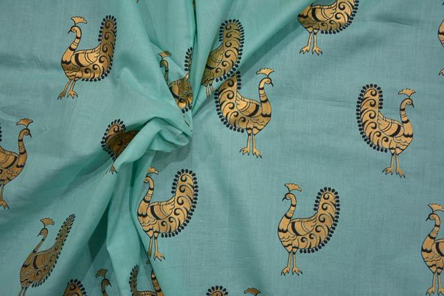 Light Blue Cock Print Indian Cotton Fabric