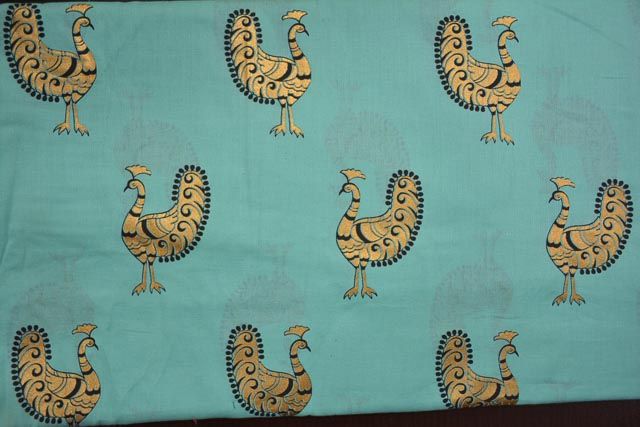 Light Blue Cock Print Indian Cotton Fabric