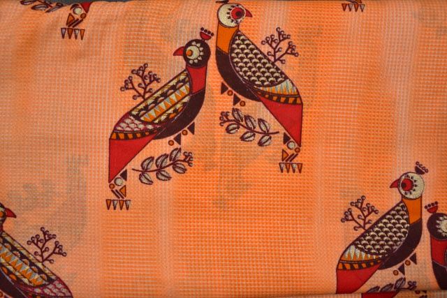 Cantaloupe Orange Bird Print Indian Cotton Fabric