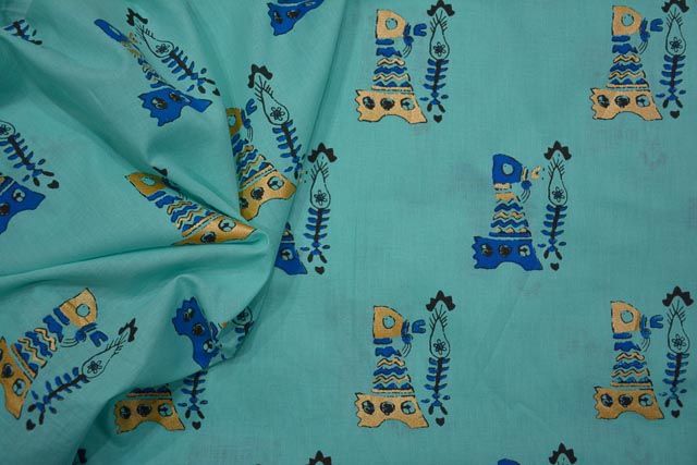 Dark Blue Aquarian Print Indian Cotton Fabric
