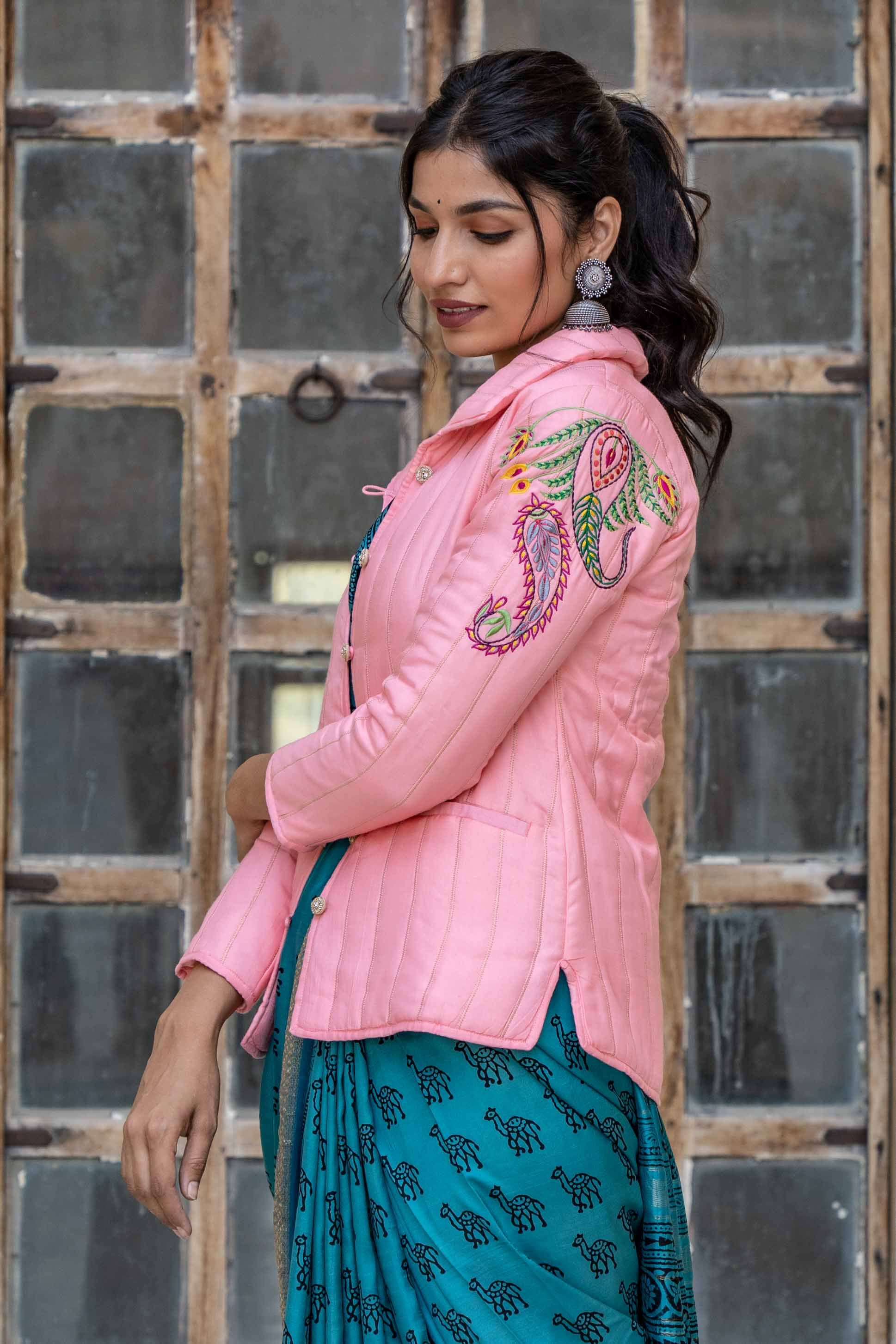 Pink Embroidered Quilted Silk Jacket