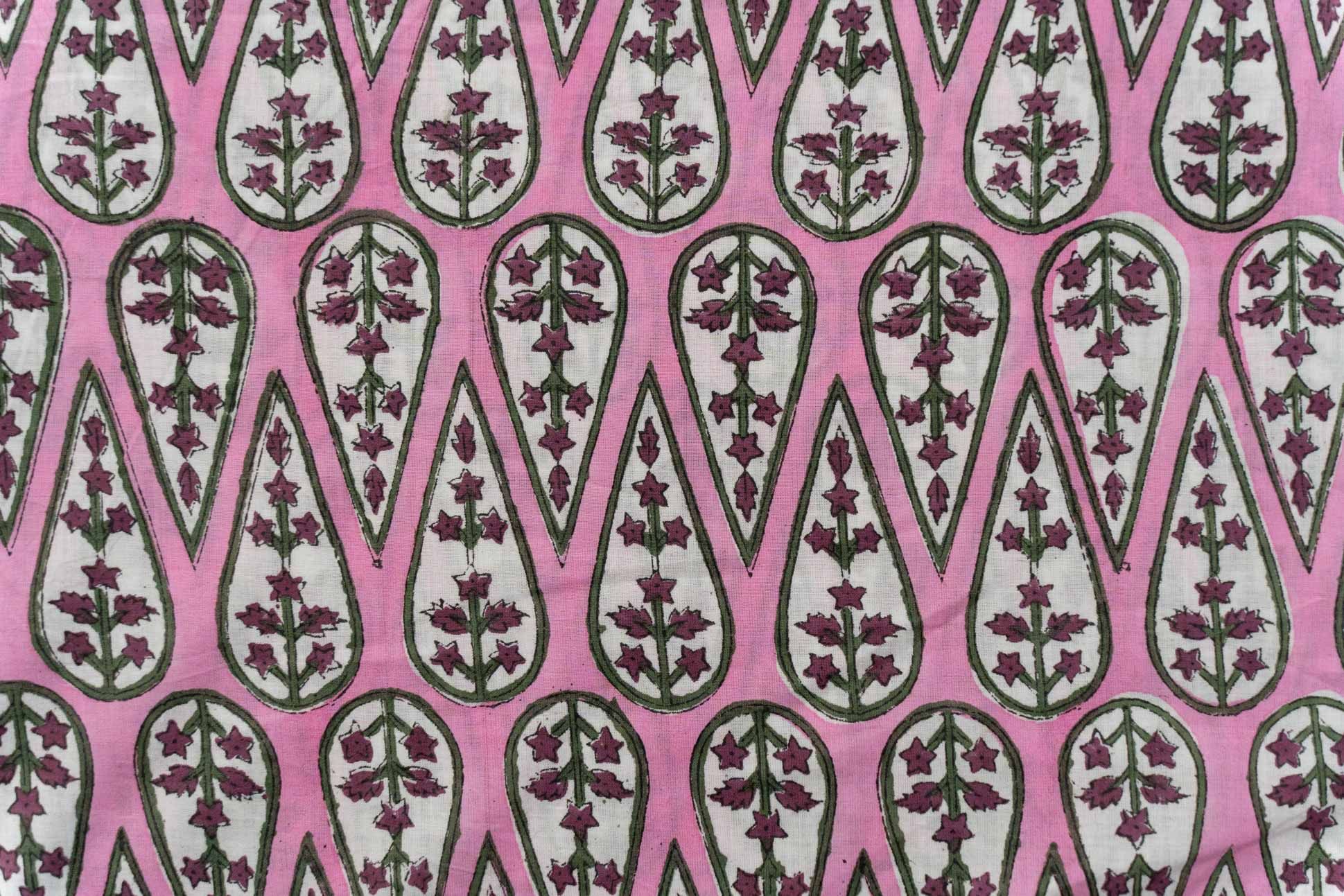 Pink Leaf Block Printed Cotton Fabric