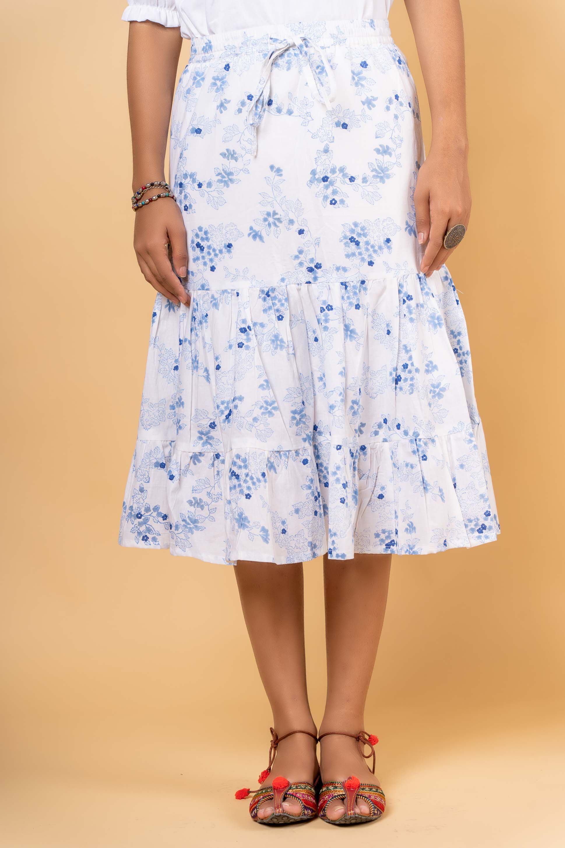 White Blue Block Printed Frill Skirt