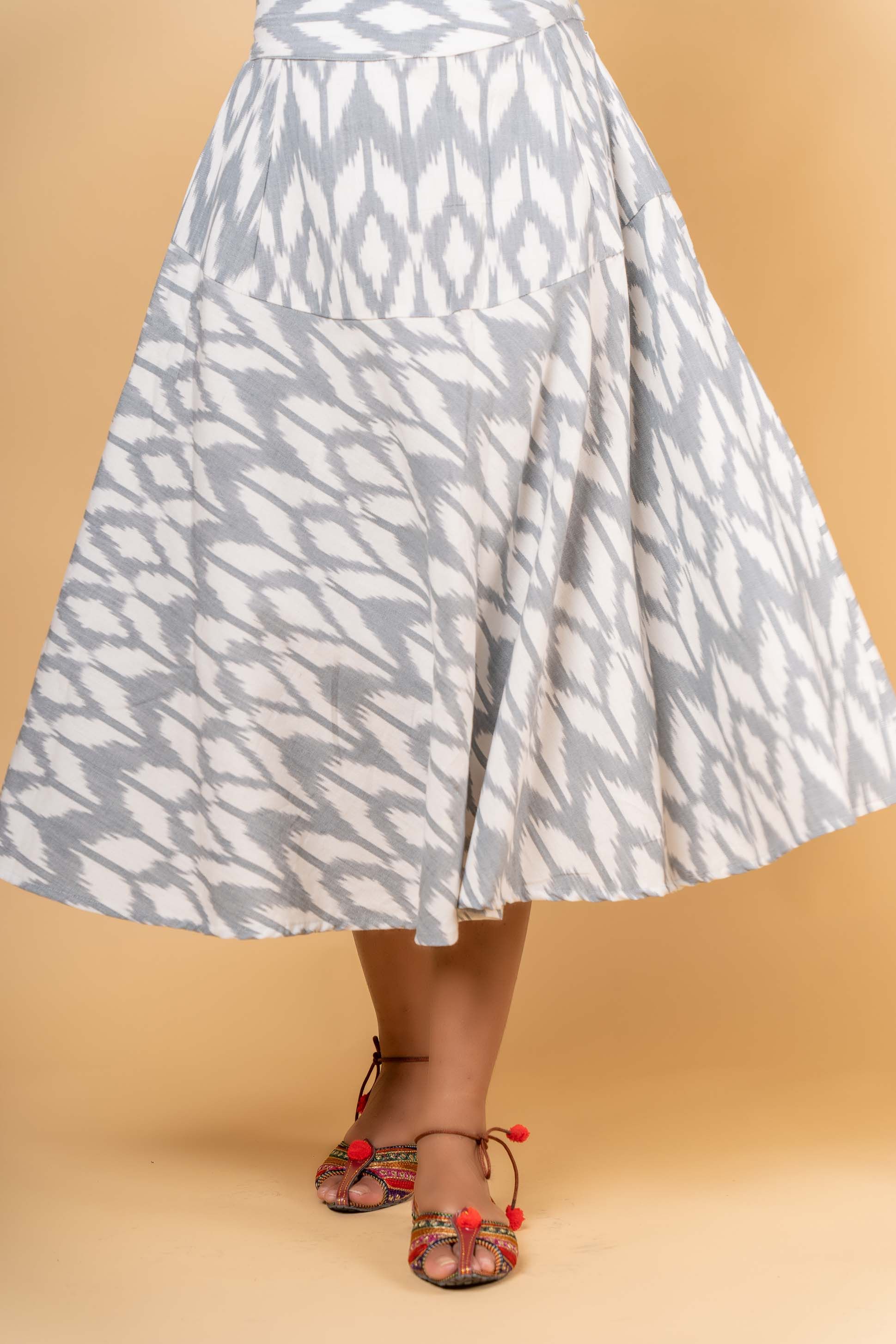 Grey White Ikat Knee Length Flaired Skirt