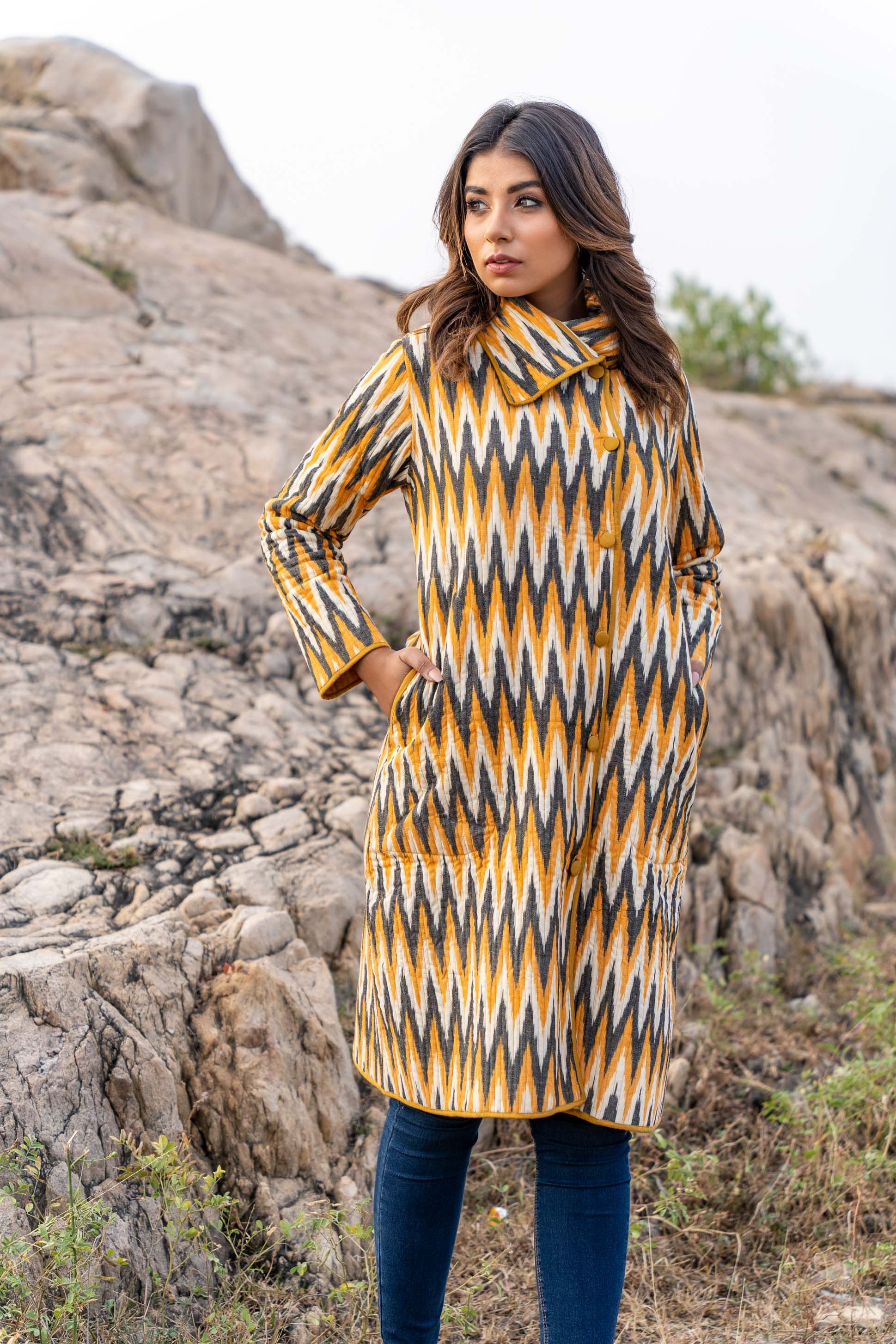 Tricolor Ikat Quilted Bukhara Coat