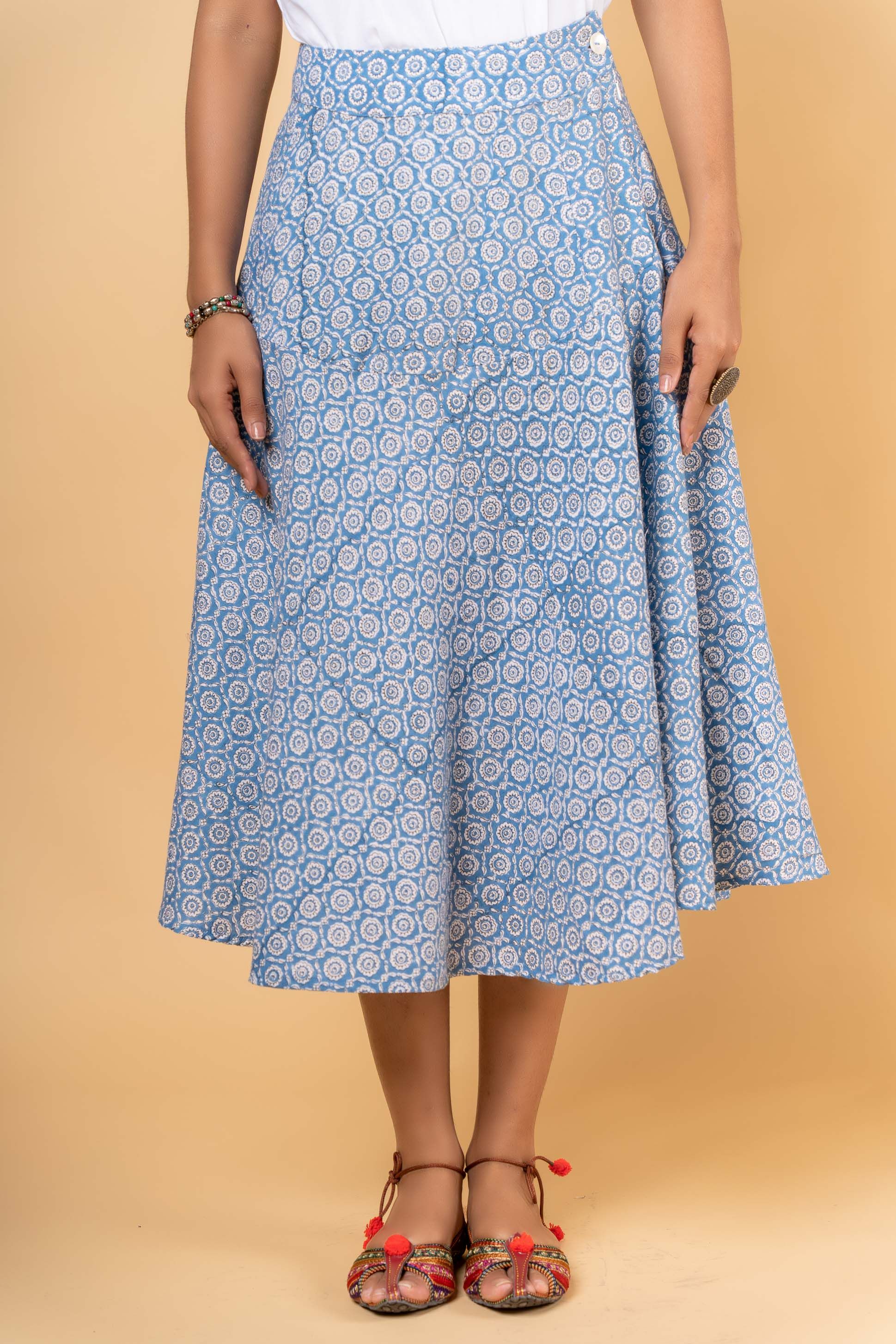 Blue Block Printed Flaired Skirt