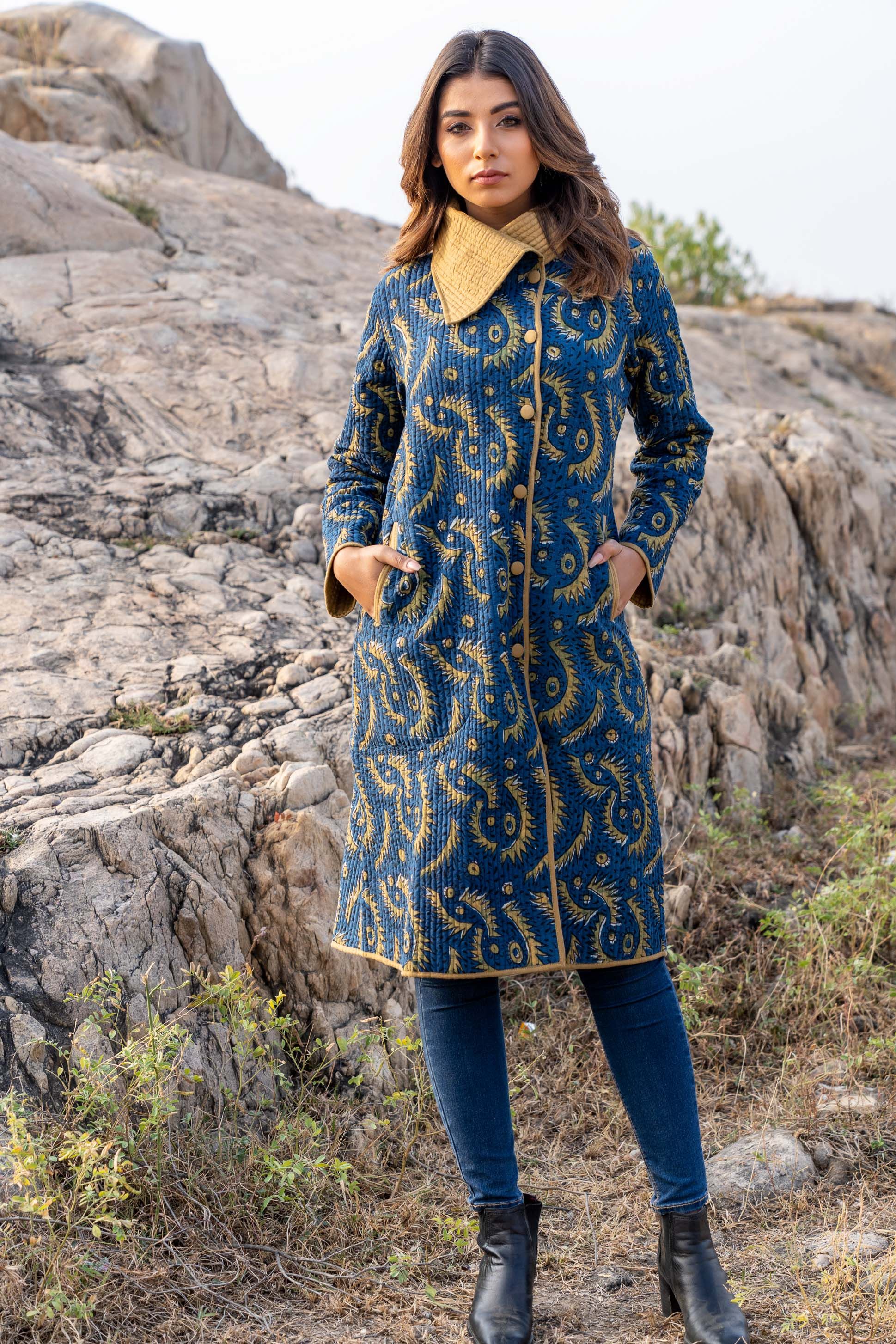 Blue Block Printed Quilted Bukhara Coat