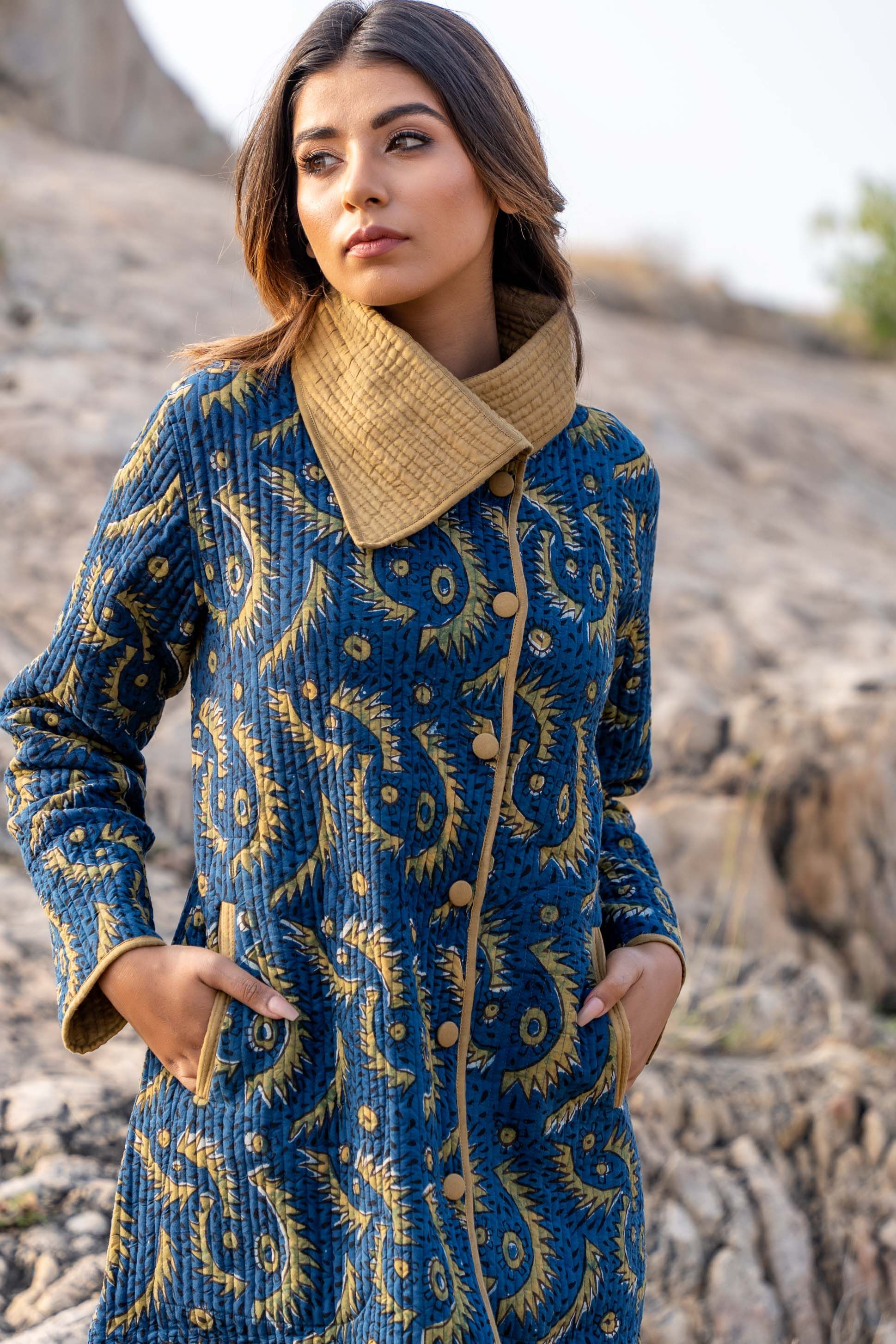 Blue Block Printed Quilted Bukhara Coat