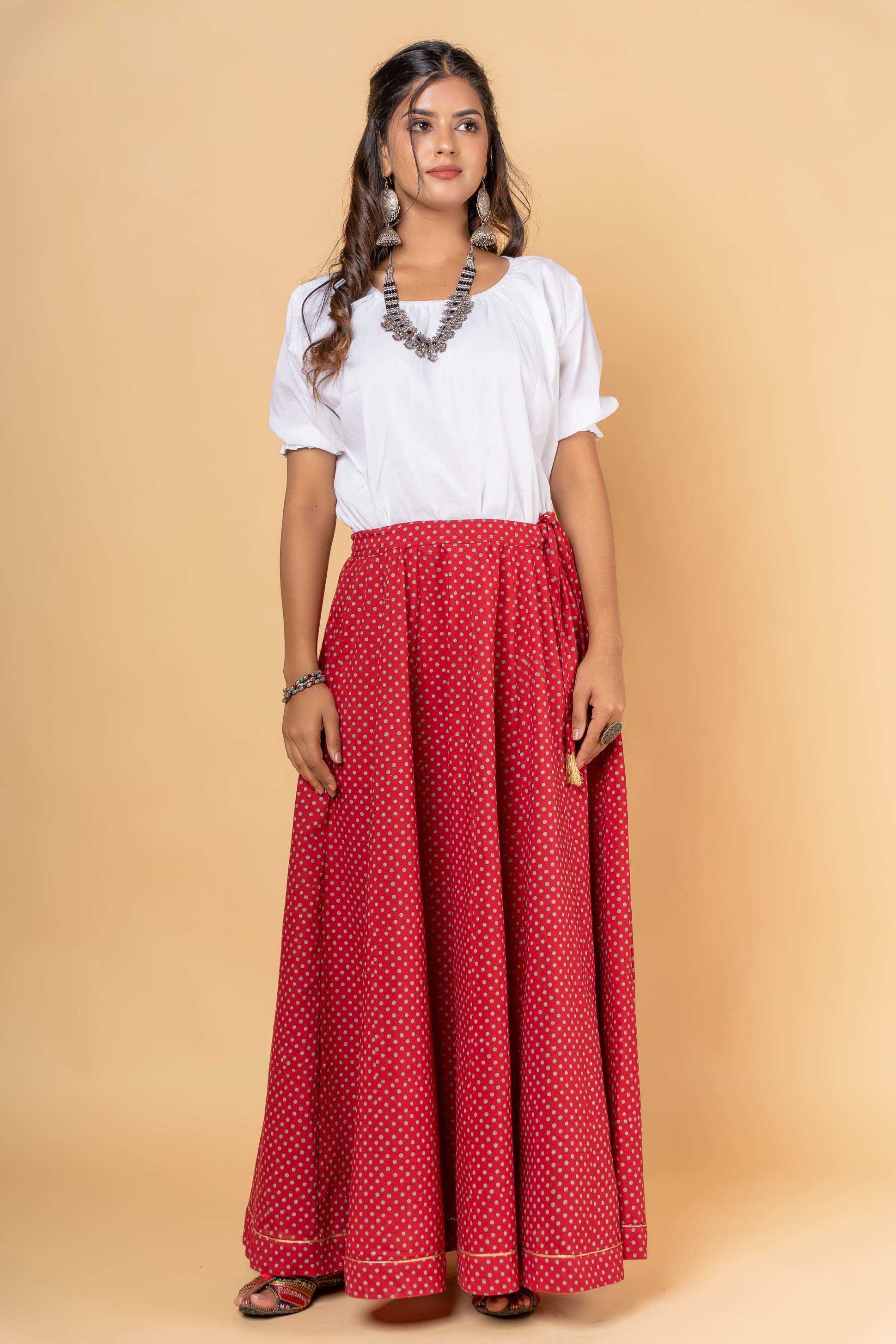 Plum Red Block Printed Long Skirt