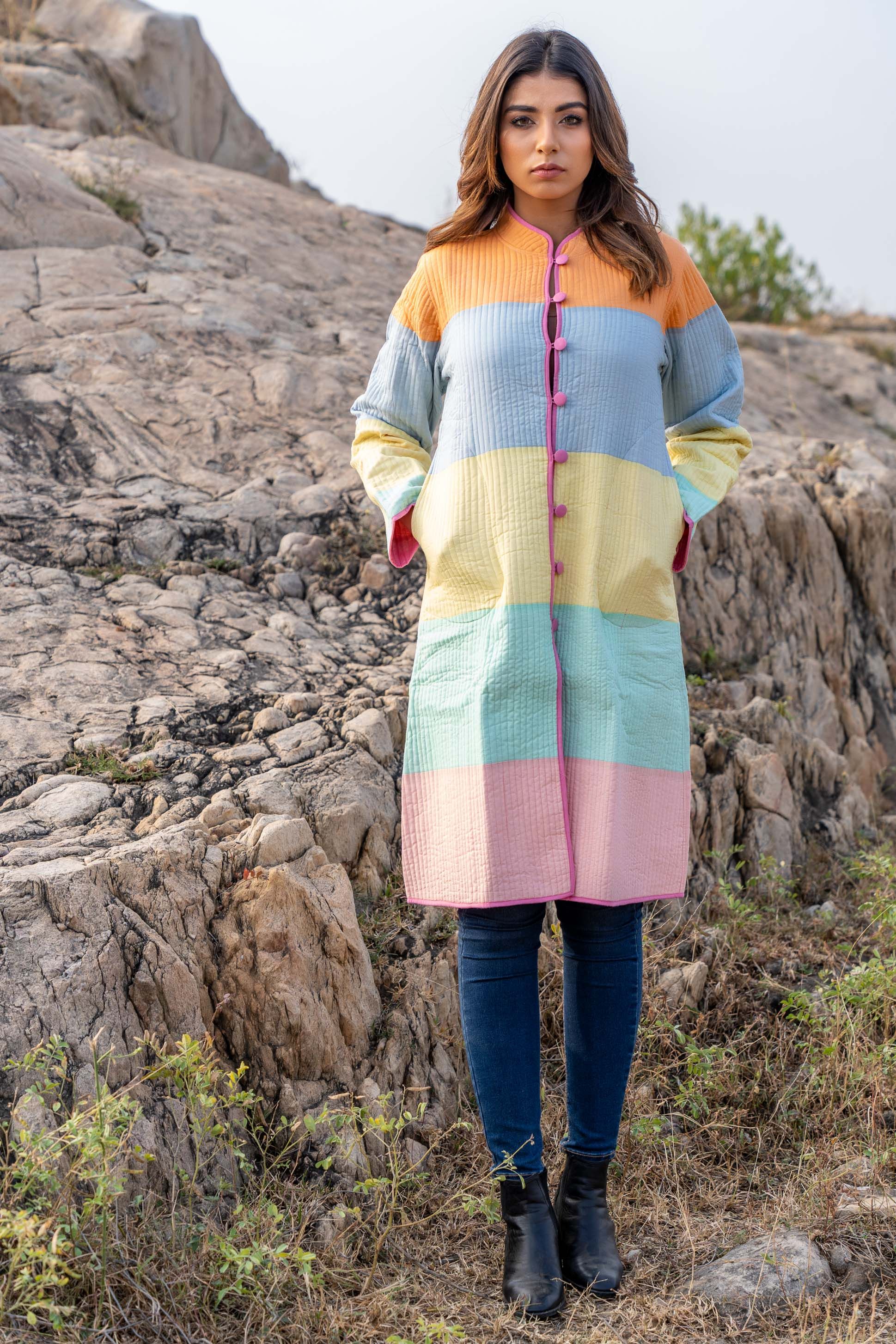 Multicolor Patch Work Quilted Long Coat
