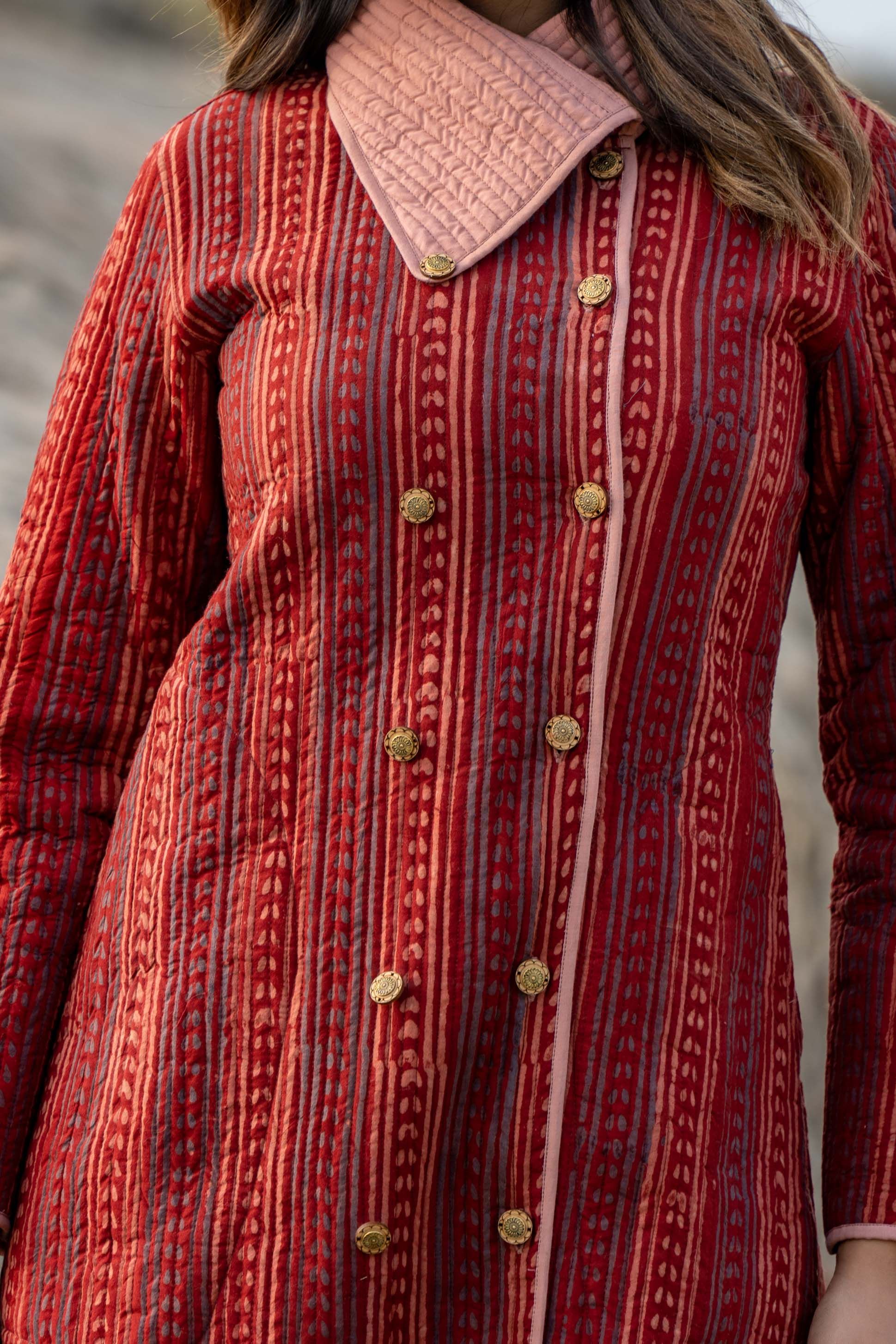 Red Block Printed Quilted Bukhara Coat